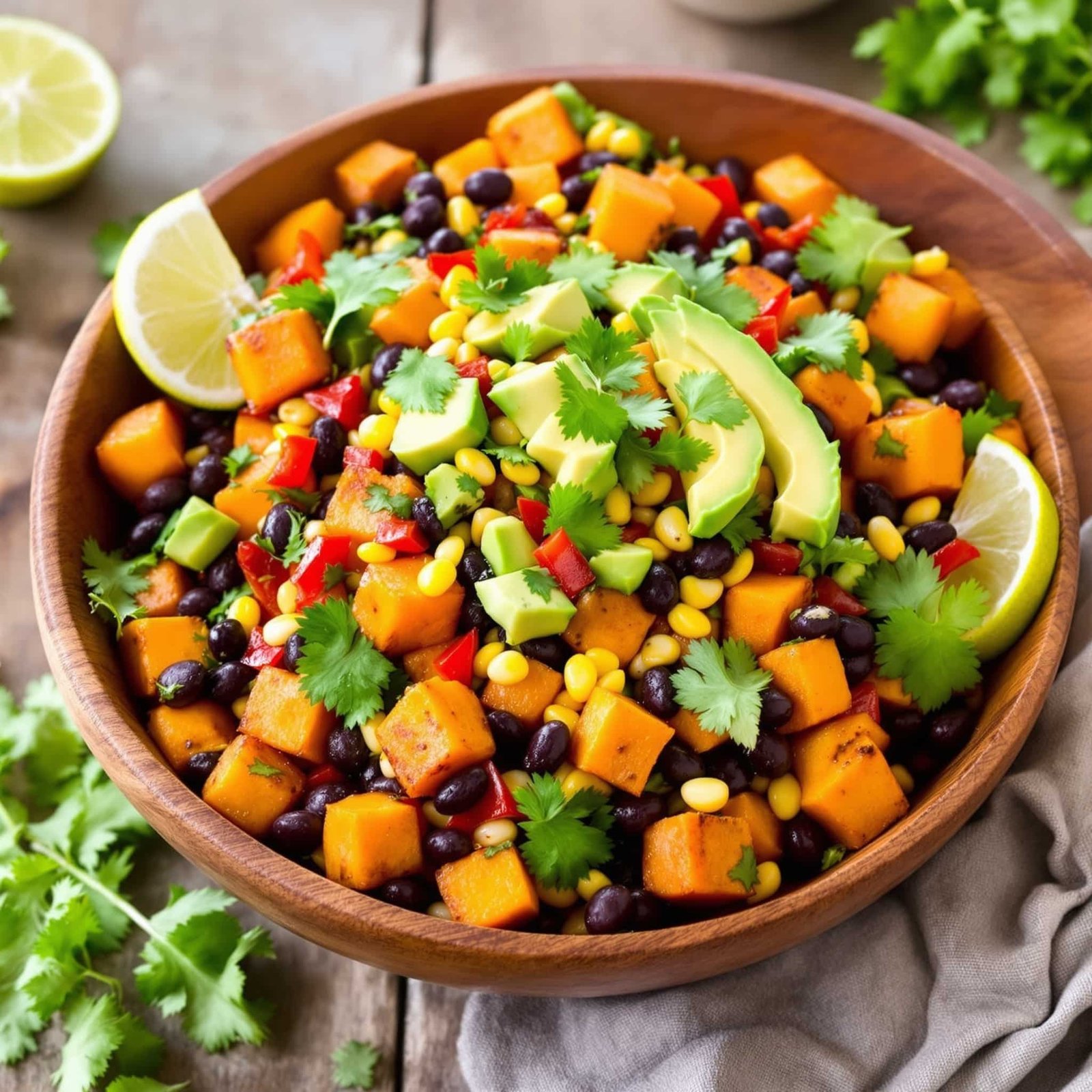 Roasted Sweet Potato and Black Bean Salad Recipe A colorful bowl of roasted sweet potato and black bean salad with avocado and lime.