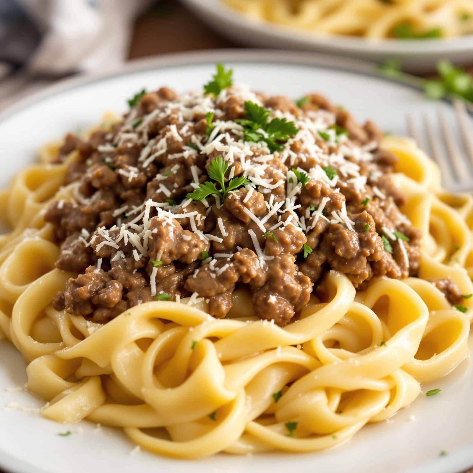 Creamy fettuccine pasta with ground beef in Alfredo sauce, garnished with parsley and Parmesan cheese.