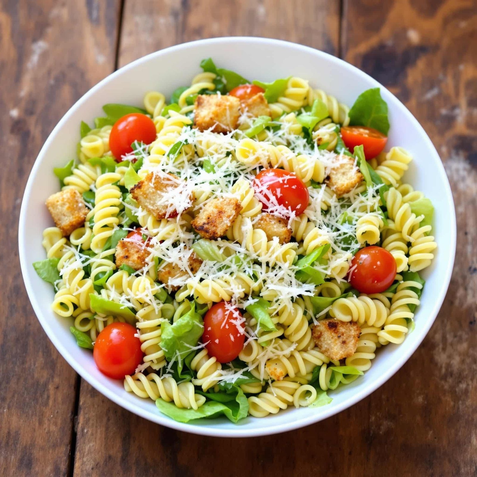 Garlic Parmesan Caesar Pasta Salad Recipe Garlic Parmesan Caesar Pasta Salad with rotini, romaine, cherry tomatoes, and Parmesan cheese in a white bowl on a wooden table.
