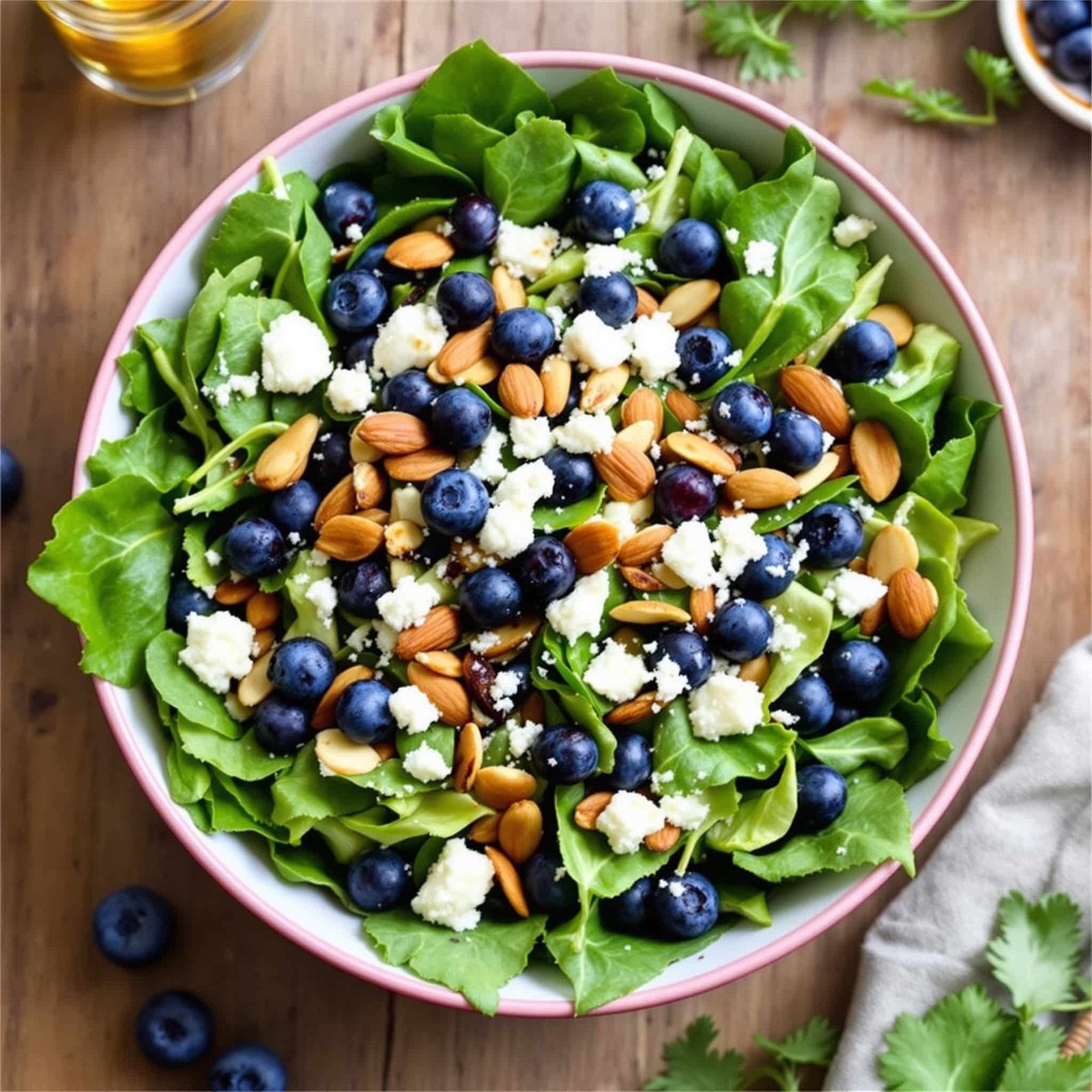 Blueberry Almond Salad Recipe A colorful Blueberry Almond Salad with greens, blueberries, almonds, and feta on a wooden table.