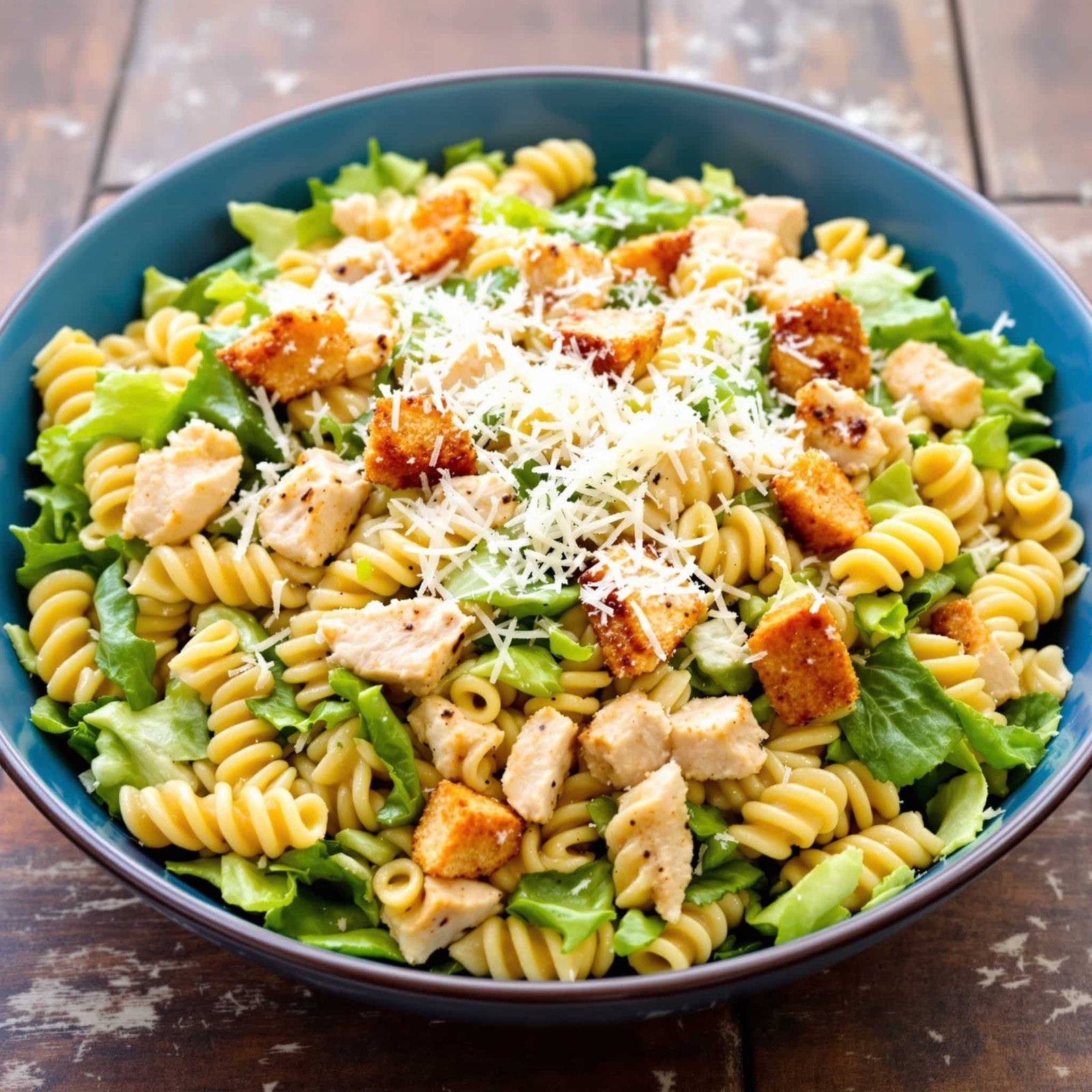Chicken Caesar Pasta Salad Recipe A colorful Chicken Caesar Pasta Salad with rotini pasta, grilled chicken, romaine lettuce, Parmesan cheese, and croutons on a rustic table.