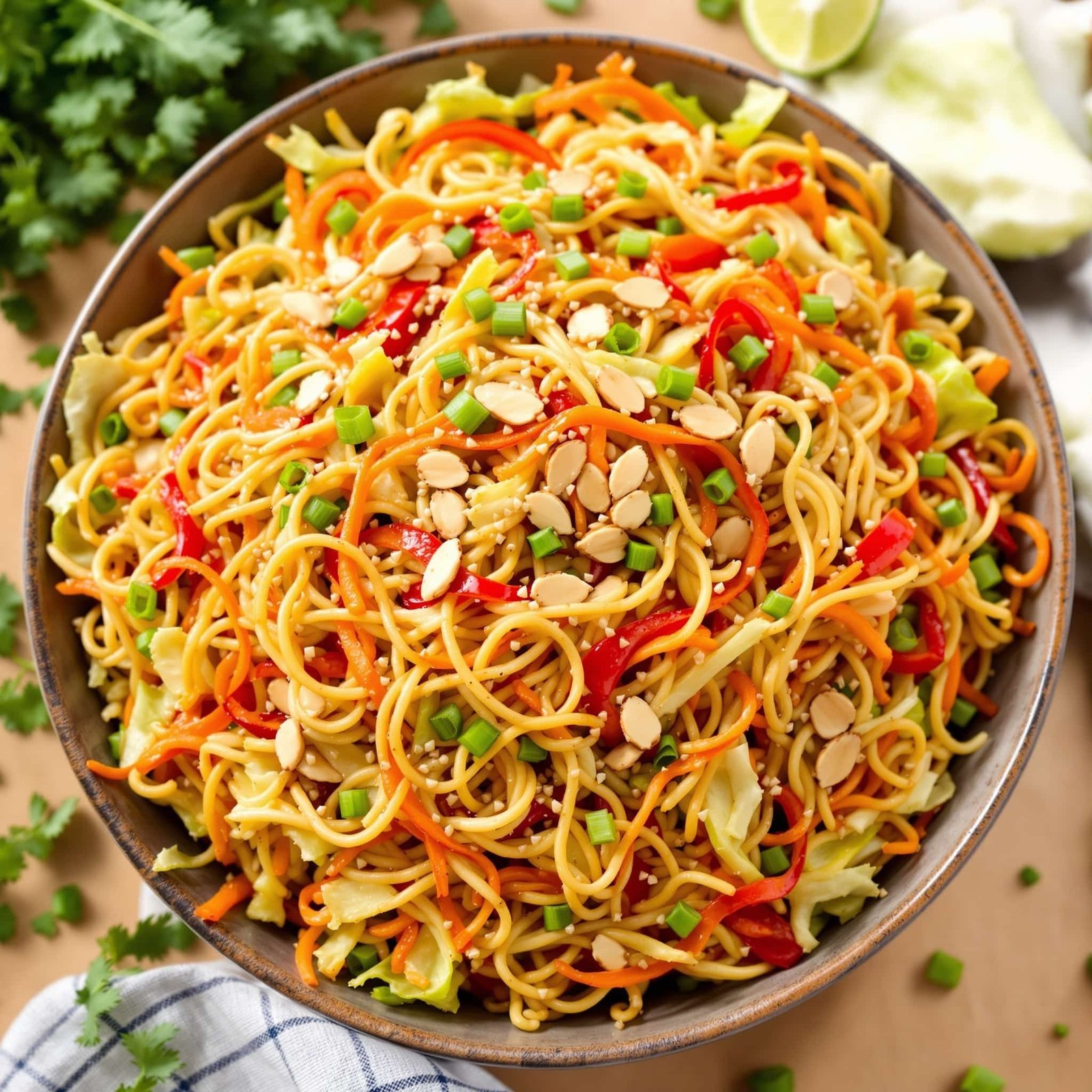 Crunchy Ramen Noodle Salad Recipe A vibrant bowl of Crunchy Ramen Noodle Salad with vegetables and toasted almonds.