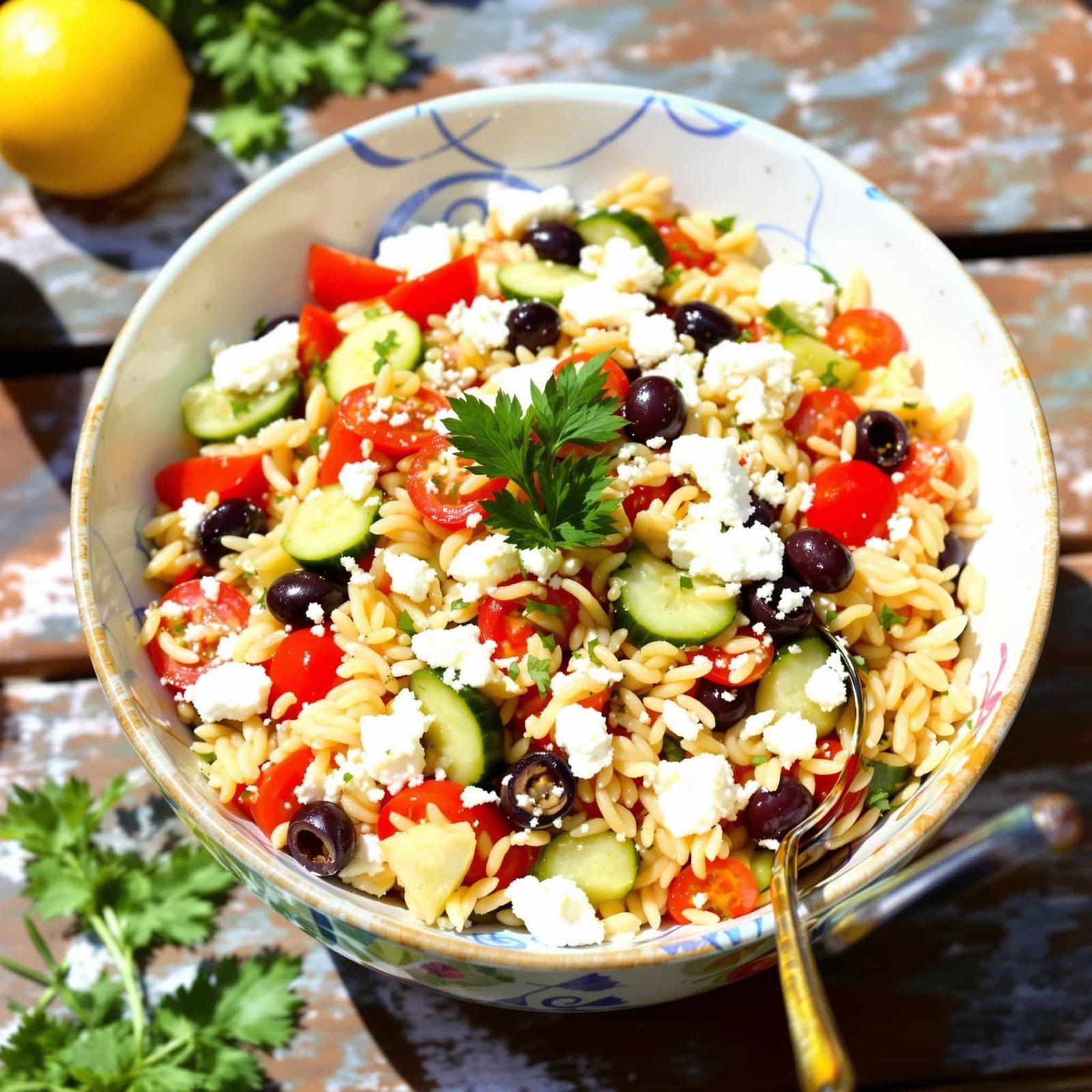 A bowl of Greek Orzo Salad with orzo, tomatoes, cucumbers, olives, feta, and parsley on a wooden table.