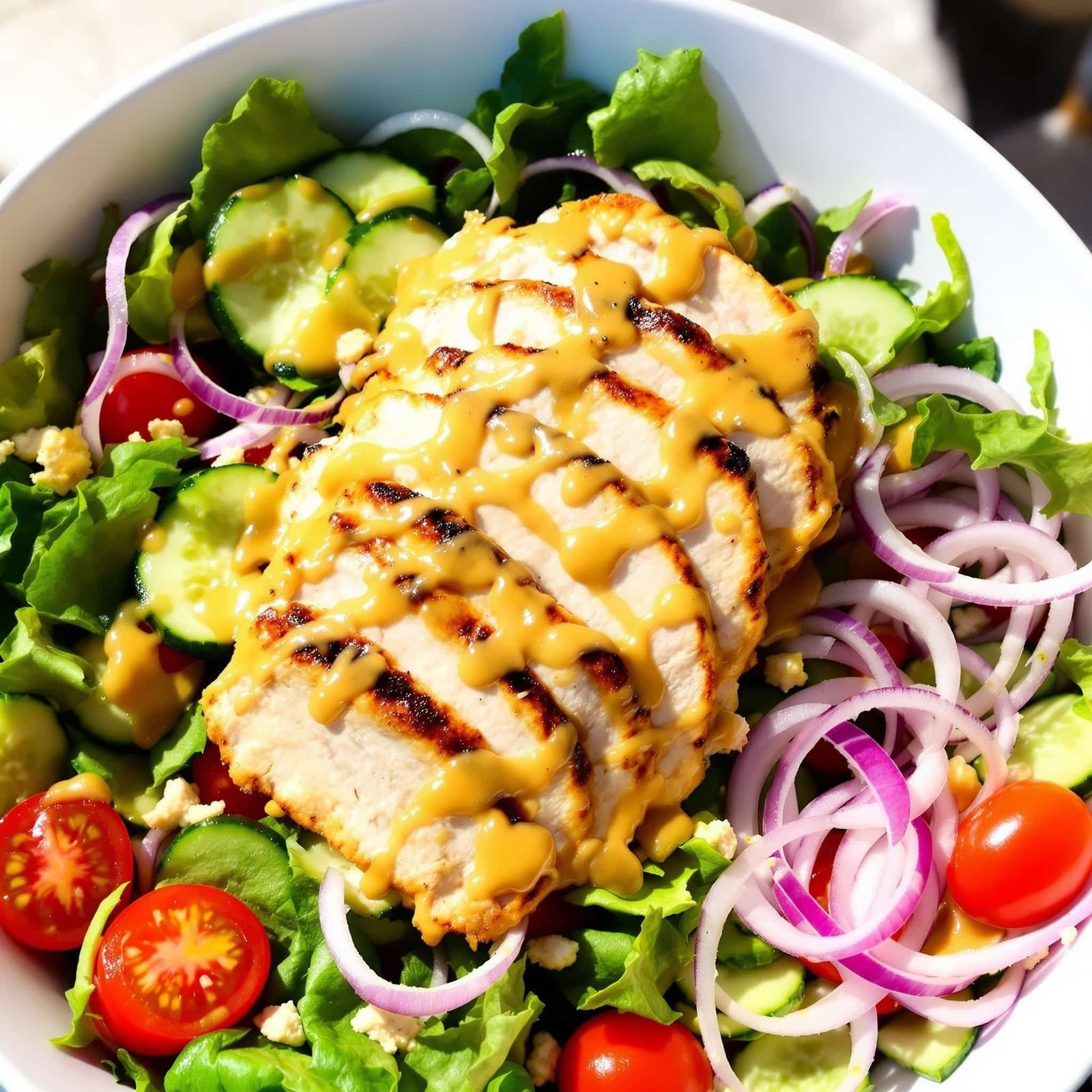 A colorful Honey Mustard Chicken Salad with grilled chicken, mixed greens, cherry tomatoes, cucumber, and red onion, drizzled with honey mustard dressing.