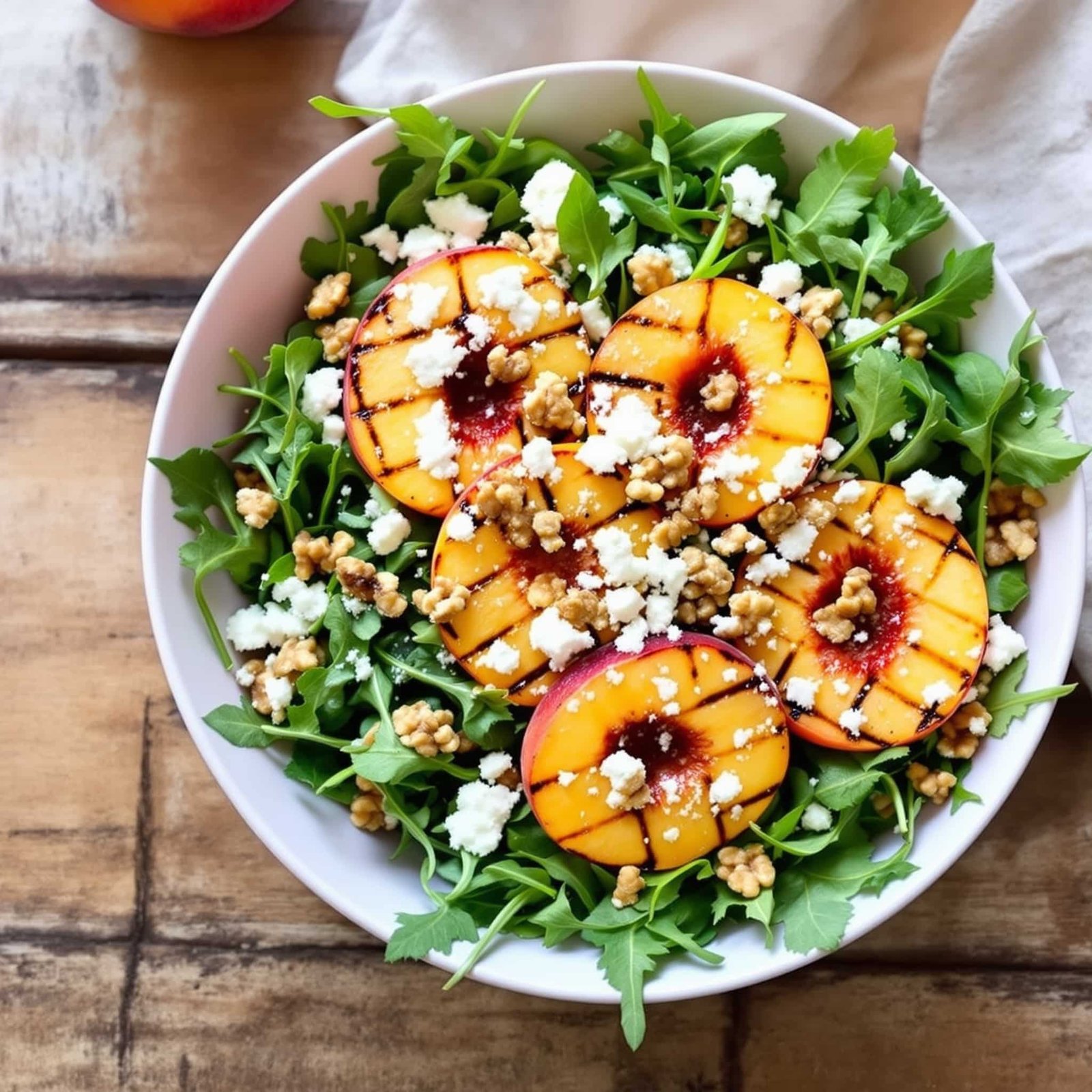Grilled Peach and Arugula Salad Recipe A colorful grilled peach and arugula salad with feta and walnuts, garnished, in a rustic setting.