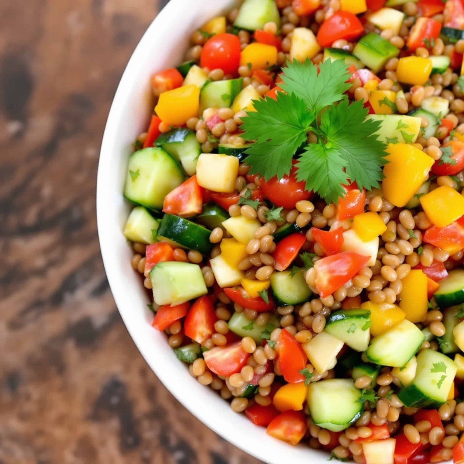 A colorful lentil veggie salad with bell peppers, cucumbers, cherry tomatoes, and parsley in a bowl, served on a wooden table.
