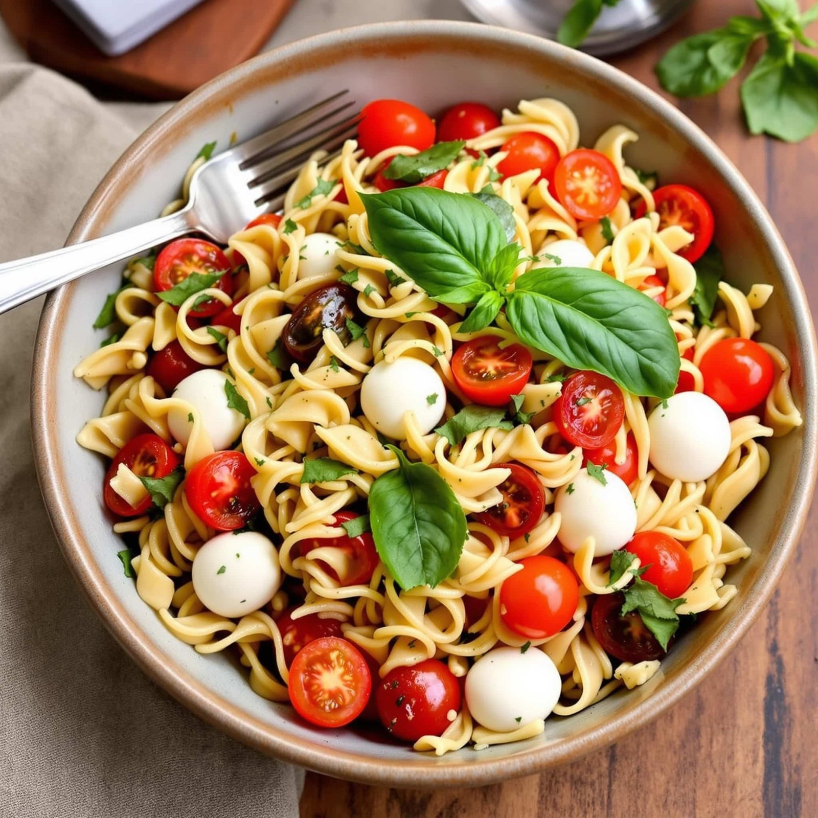 A colorful Caprese Pasta Salad with cherry tomatoes, mozzarella, and basil, served in a rustic bowl.