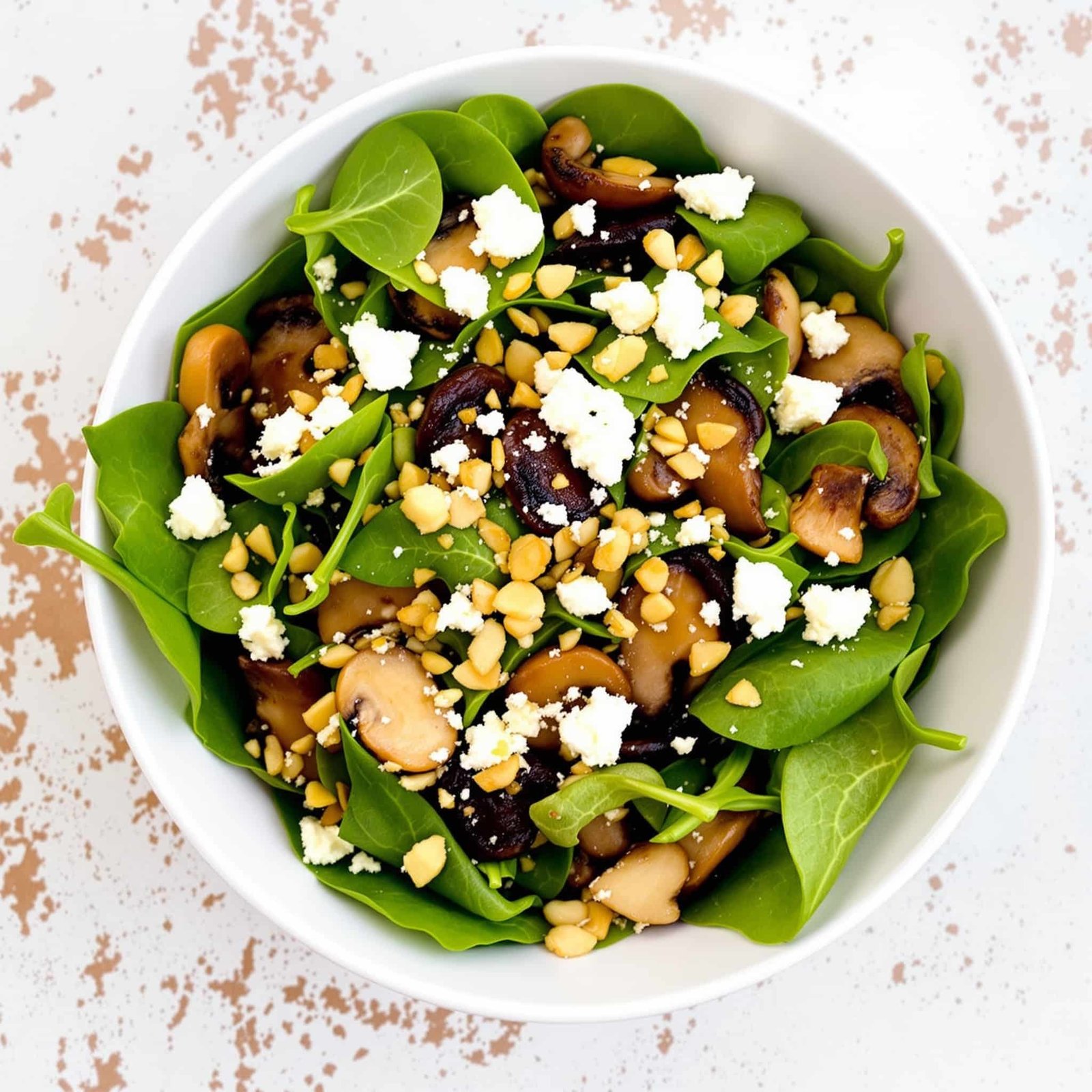 A fresh spinach and mushroom salad with feta cheese and nuts, served in a rustic bowl.