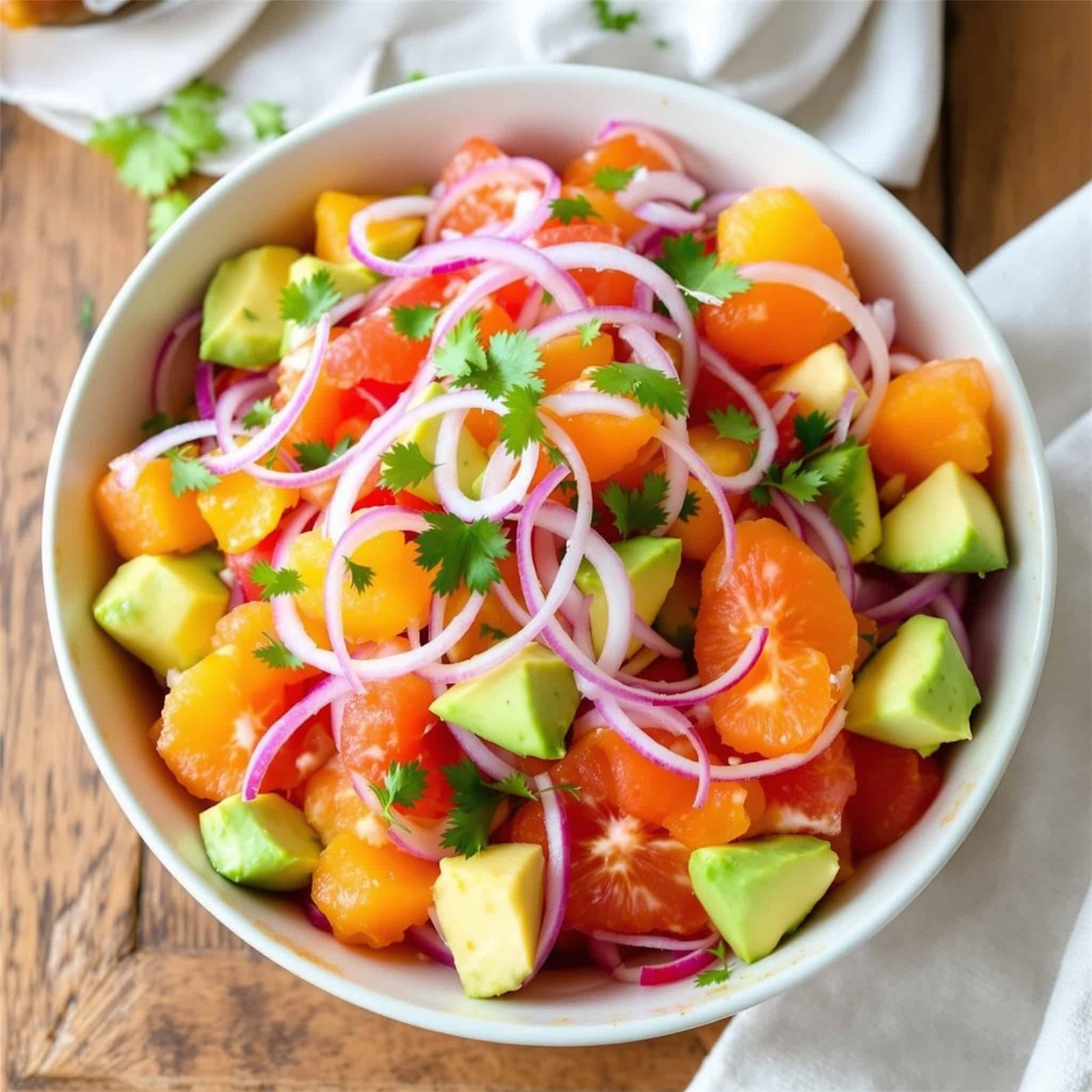 Citrus Avocado Salad Recipe A colorful Citrus Avocado Salad with oranges, grapefruit, avocado, and onion, garnished with cilantro.