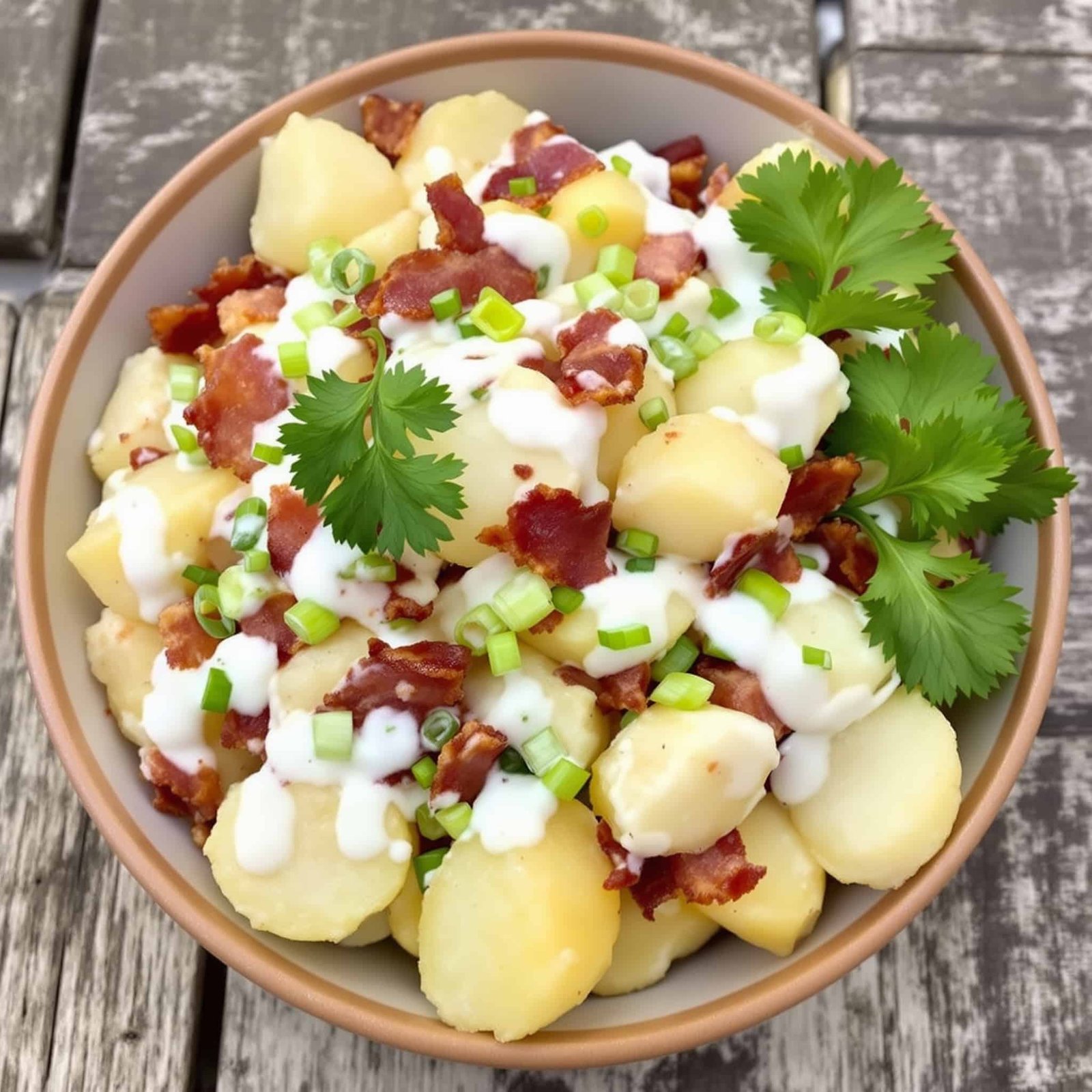 Bacon Ranch Potato Salad in a bowl, with potatoes, bacon, and green onions, garnished with parsley on a wooden table.