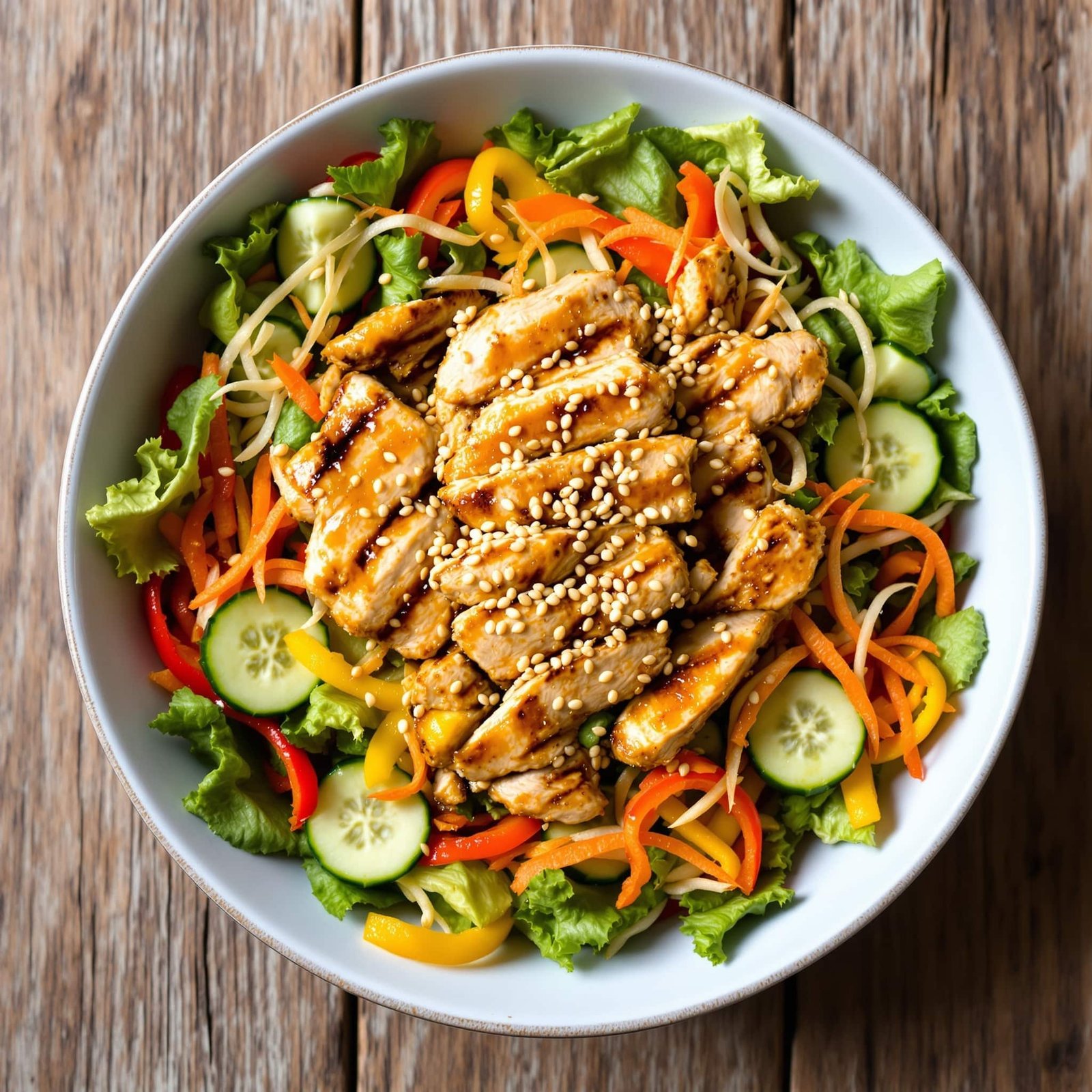 A colorful teriyaki chicken salad with grilled chicken, mixed vegetables, and sesame seeds, served in a bowl.
