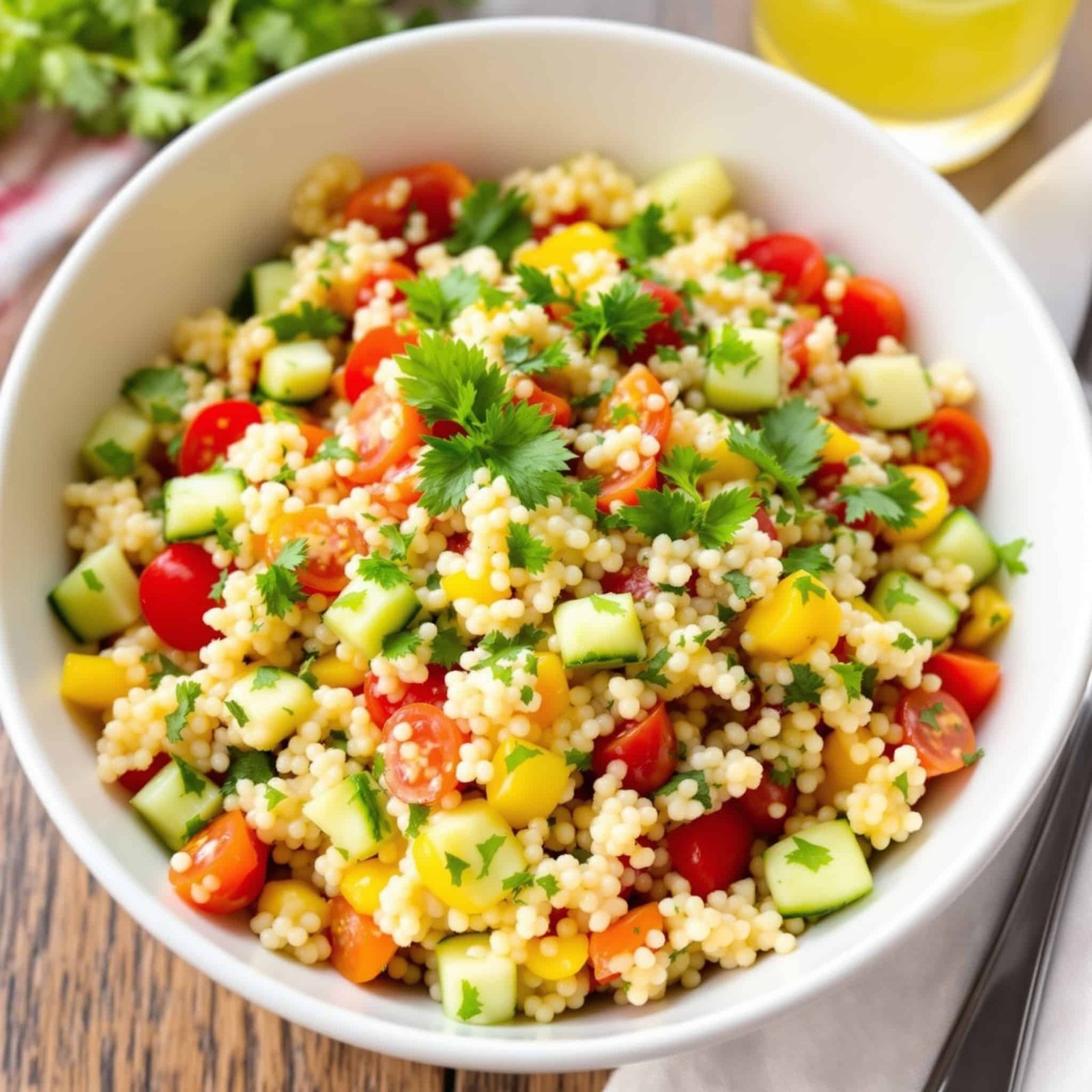 A fresh herb couscous salad with colorful vegetables and herbs on a rustic wooden table.