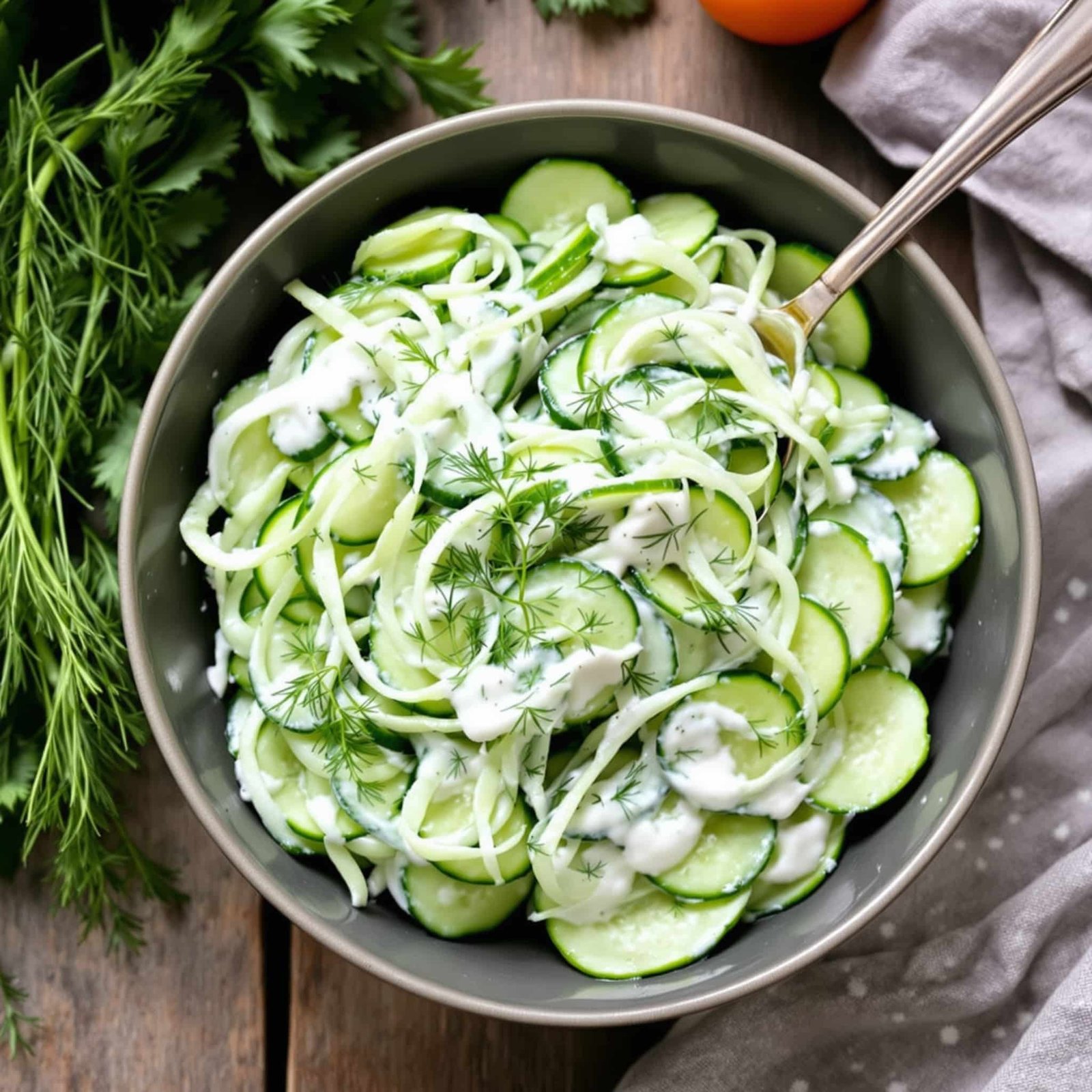 Refreshing creamy cucumber dill salad with sliced cucumbers and dill dressing in a bowl on a wooden table.