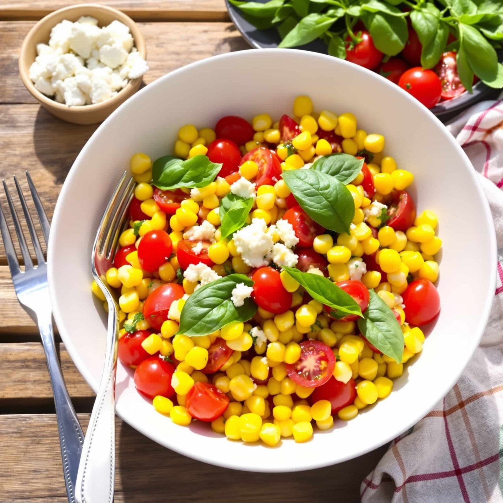 A colorful summer corn tomato salad with corn, cherry tomatoes, and basil on a wooden table.