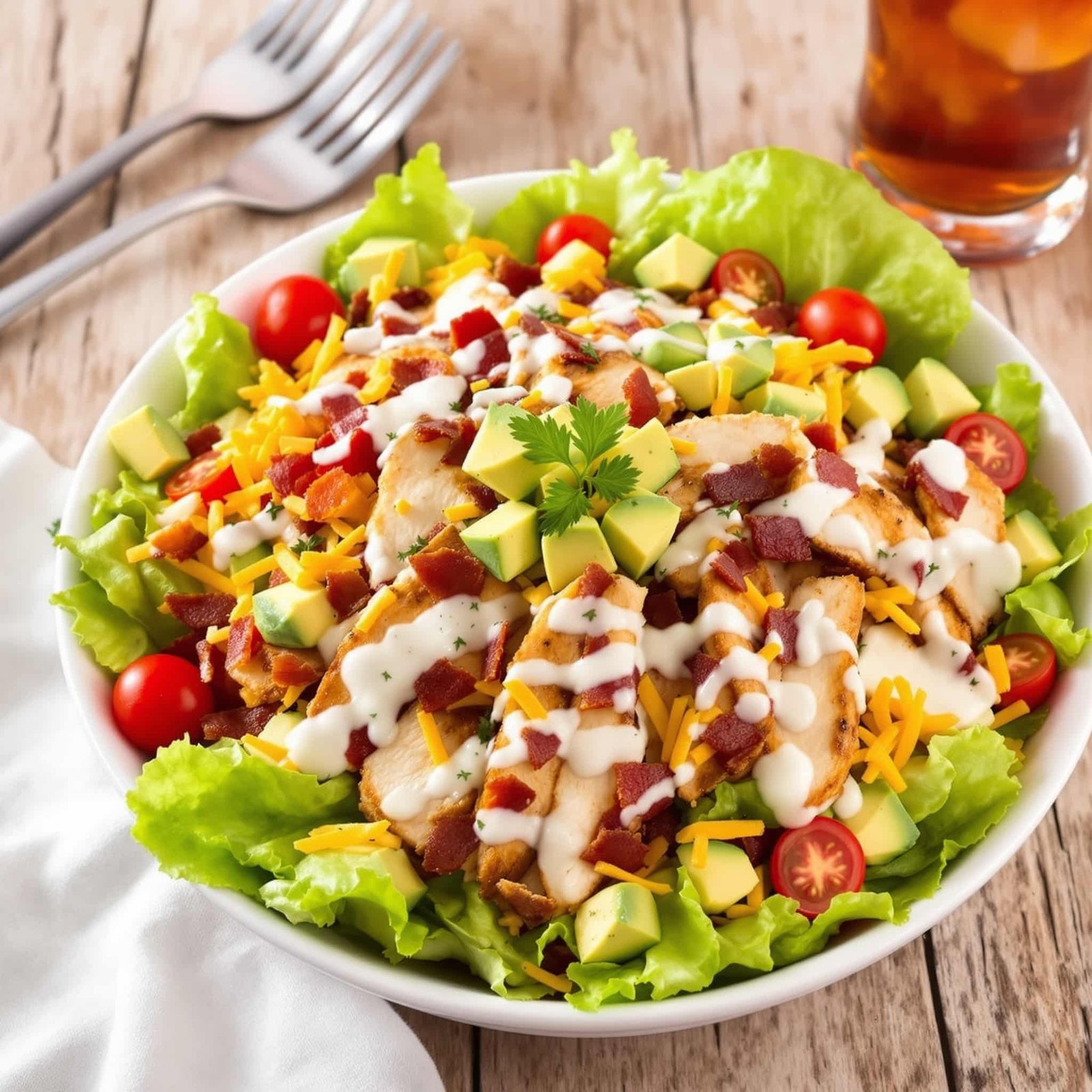 A vibrant Loaded Chicken Club Salad with romaine, grilled chicken, bacon, avocado, and ranch dressing on a rustic table.