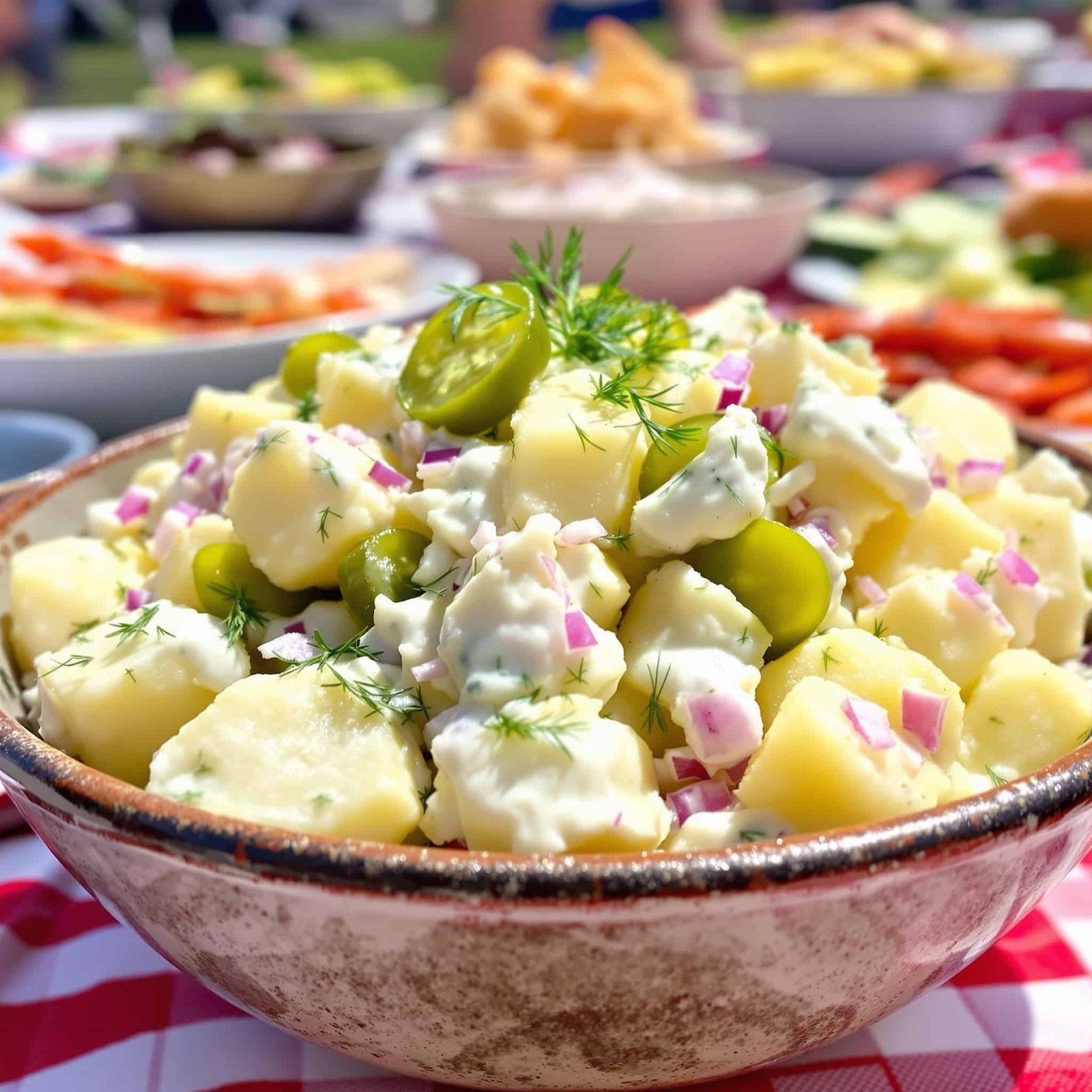 A bowl of creamy dill pickle potato salad with potatoes, pickles, and onions, garnished with dill, on a picnic table.