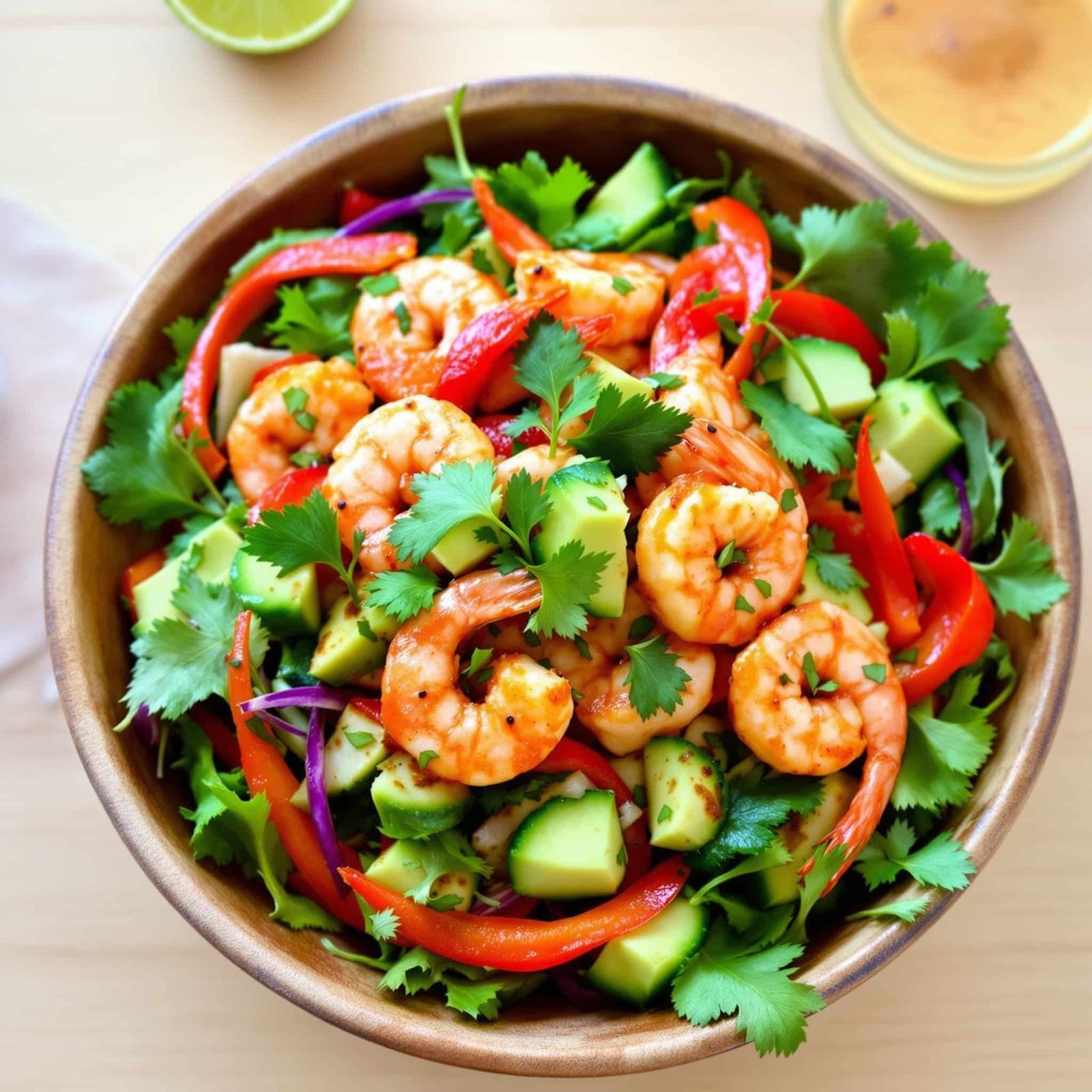 A colorful Spicy Sriracha Shrimp Salad with shrimp, greens, avocado, and vegetables, garnished with cilantro and lime.