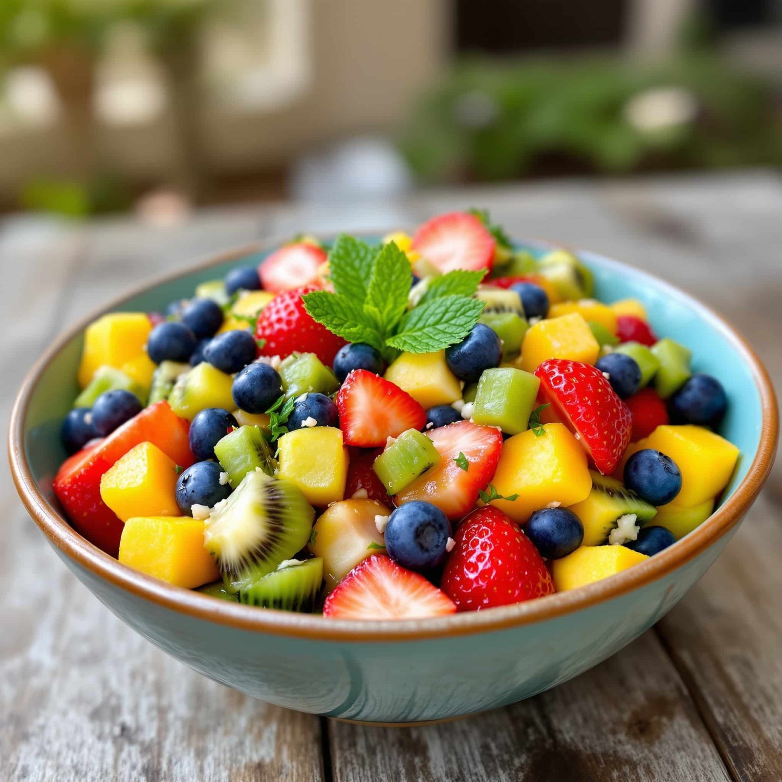 A vibrant bowl of honey lime fruit salad with strawberries, blueberries, kiwi, and mango garnished with mint.