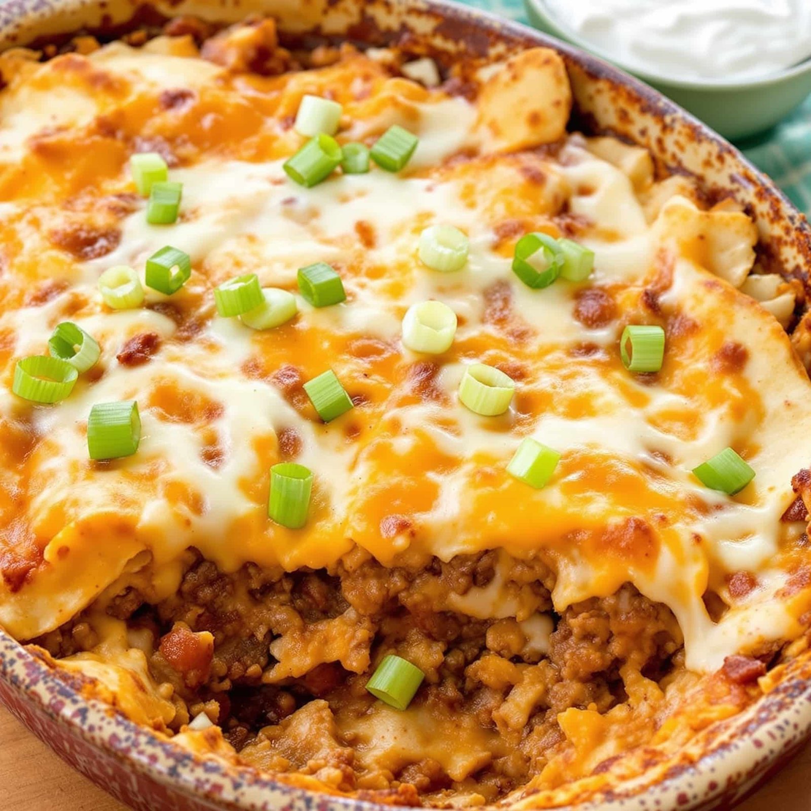 Cheesy Beef Tortilla Bake with layers of tortillas and ground beef, garnished with green onions, in a baking dish.