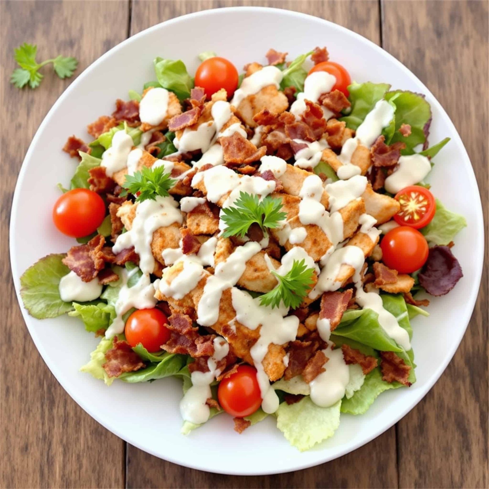 A colorful Crispy Chicken BLT Salad topped with chicken, bacon, ranch dressing, and garnished with parsley.