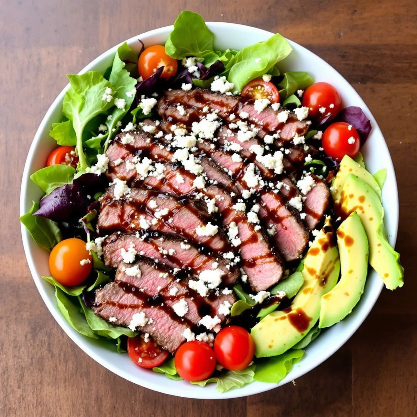 A colorful Garlic Butter Steak Salad Bowl with steak slices, mixed greens, cherry tomatoes, and avocado on a wooden table.