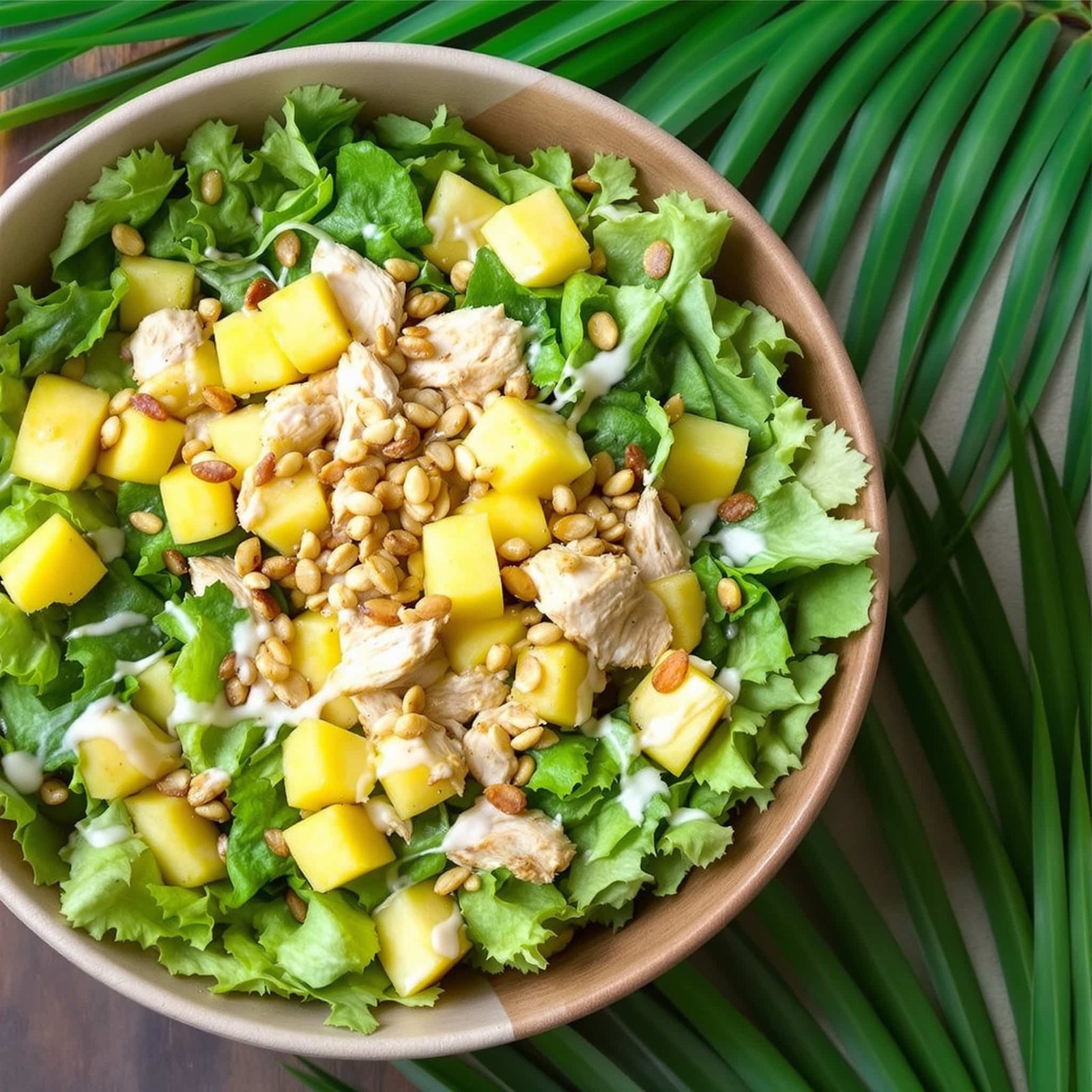 Tropical Pineapple Chicken Salad Recipe A colorful bowl of Tropical Pineapple Chicken Salad with chicken, pineapple, greens, nuts, and a creamy dressing on a tropical-themed table.