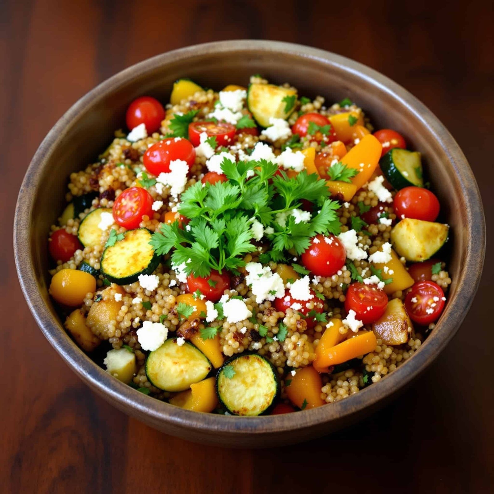 A delicious Roasted Veggie Quinoa Power Salad with colorful vegetables and quinoa in a rustic bowl.