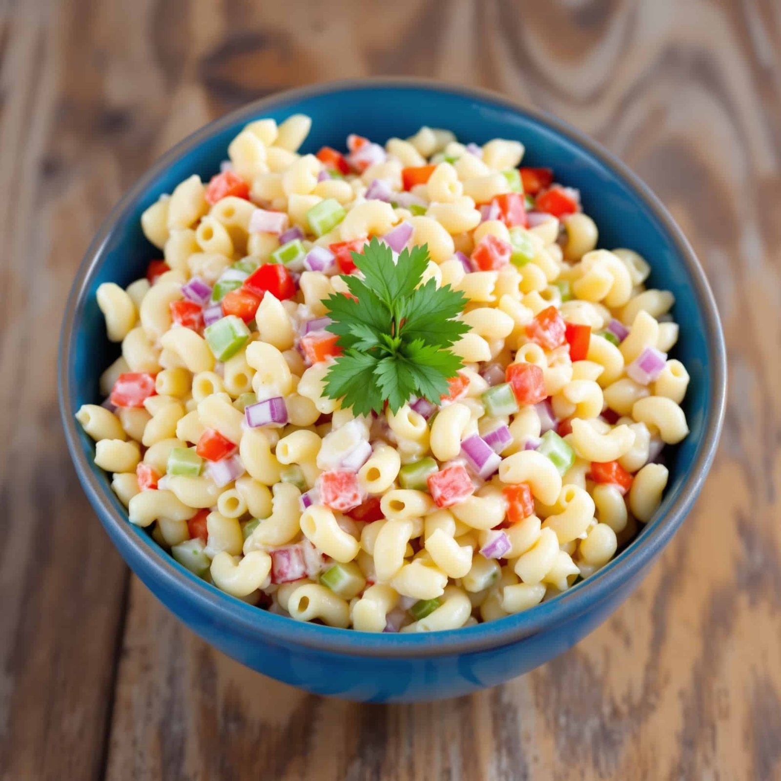 A colorful bowl of creamy macaroni salad with elbow pasta, celery, bell pepper, and onion, garnished with parsley.