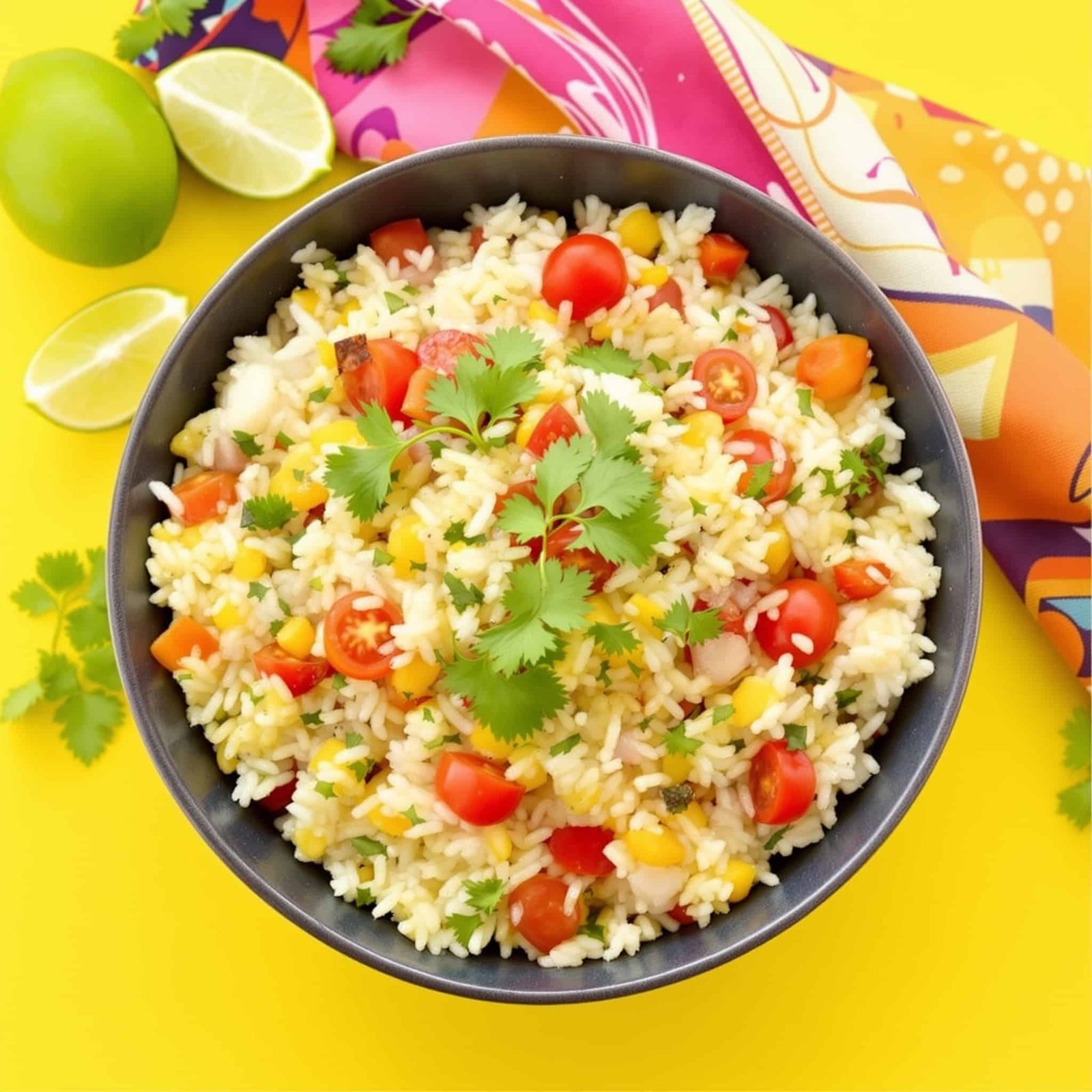 Zesty Lime Cilantro Rice Salad Recipe A colorful bowl of rice salad with lime, cilantro, tomatoes, and bell pepper on a decorative table.