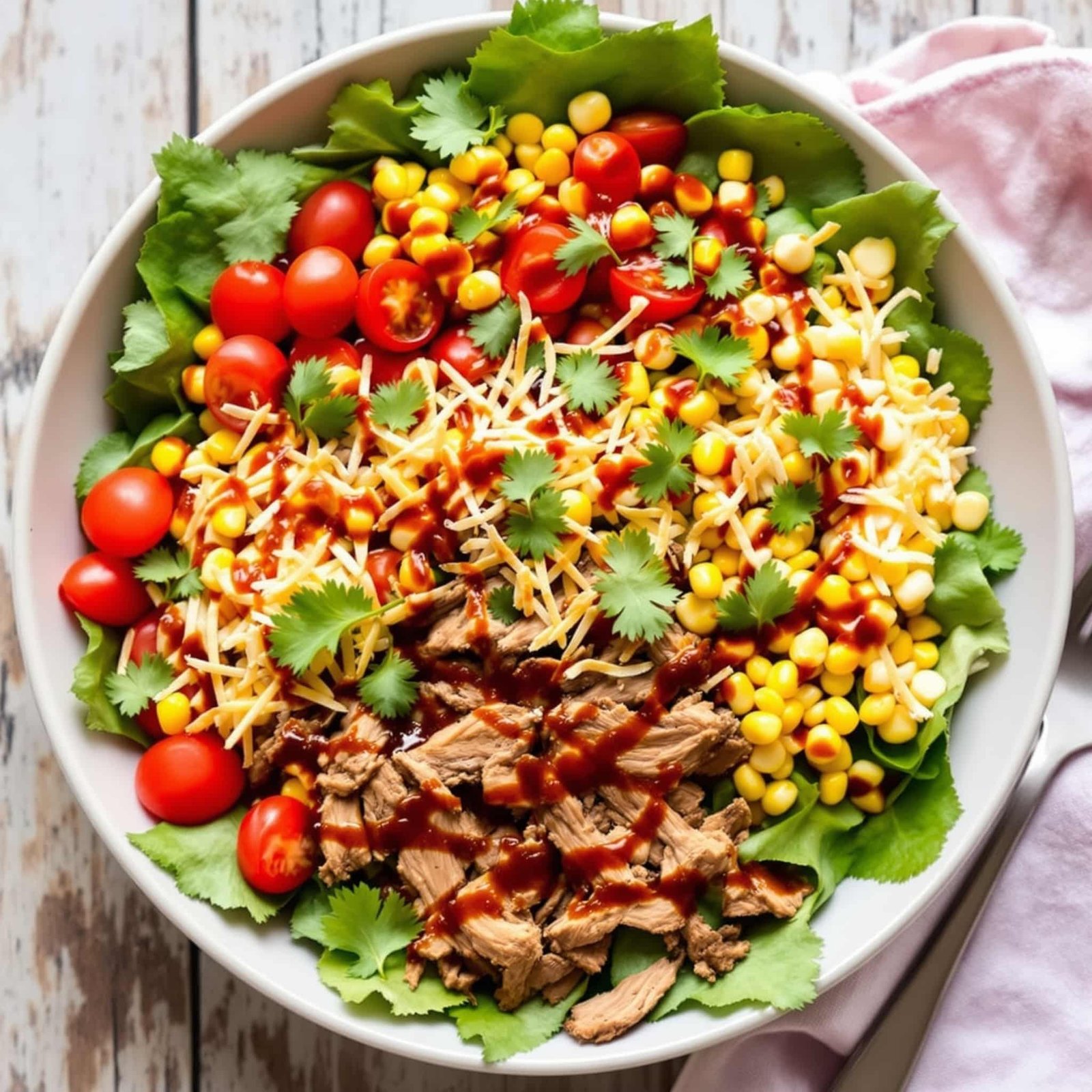 A vibrant BBQ pulled pork salad bowl filled with greens, tomatoes, corn, and topped with cheese, served on a rustic table.