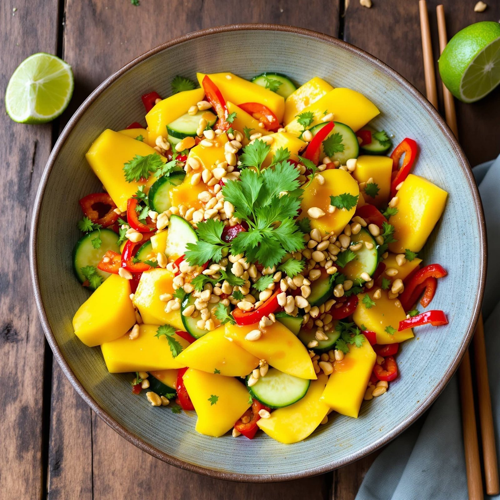 Spicy Thai Mango Salad Recipe Colorful spicy Thai mango salad with mango, bell peppers, cucumber, herbs, and peanuts in a rustic setting.