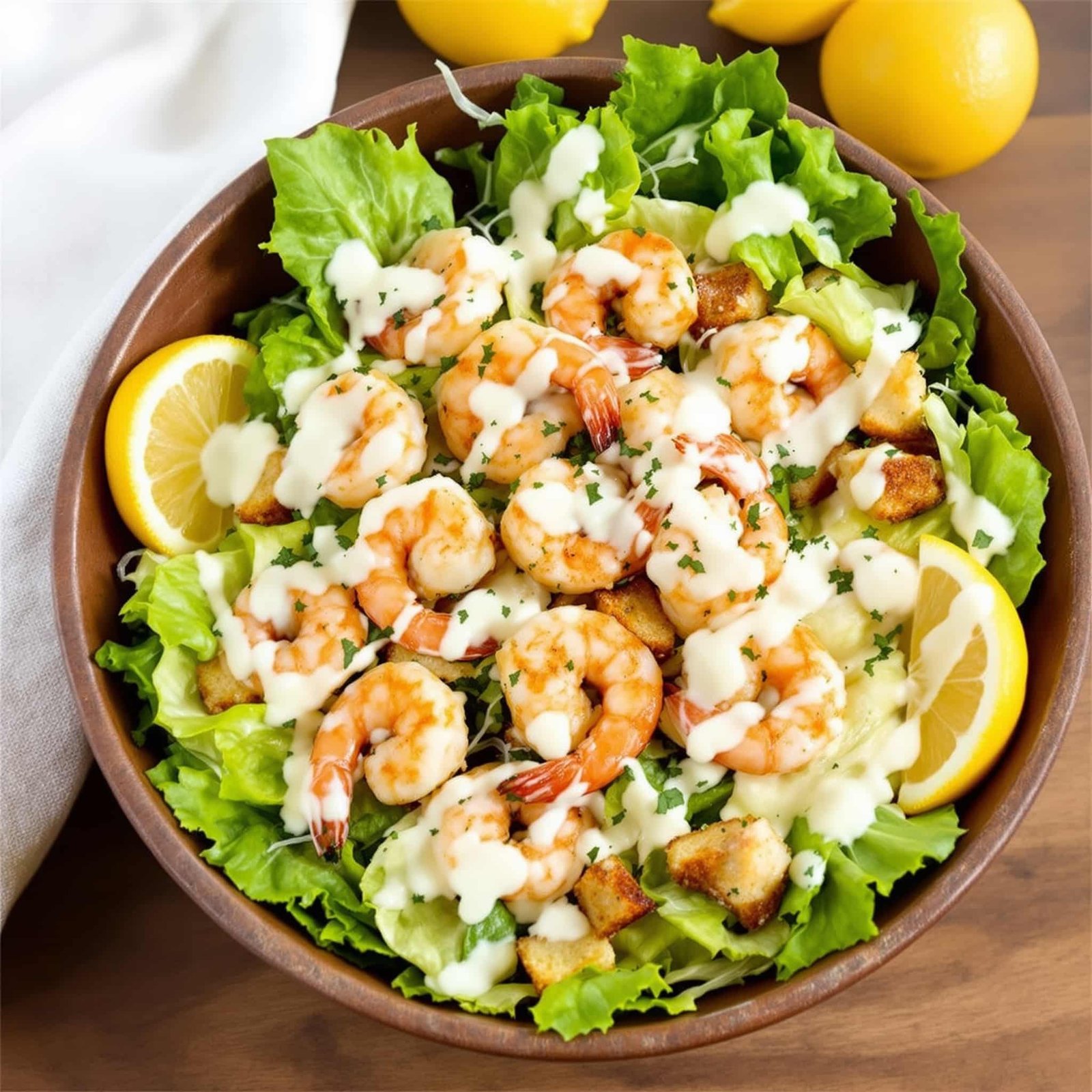 Lemon Garlic Shrimp Caesar Salad with shrimp, romaine lettuce, croutons, and Parmesan, garnished with lemon wedges on a wooden table.