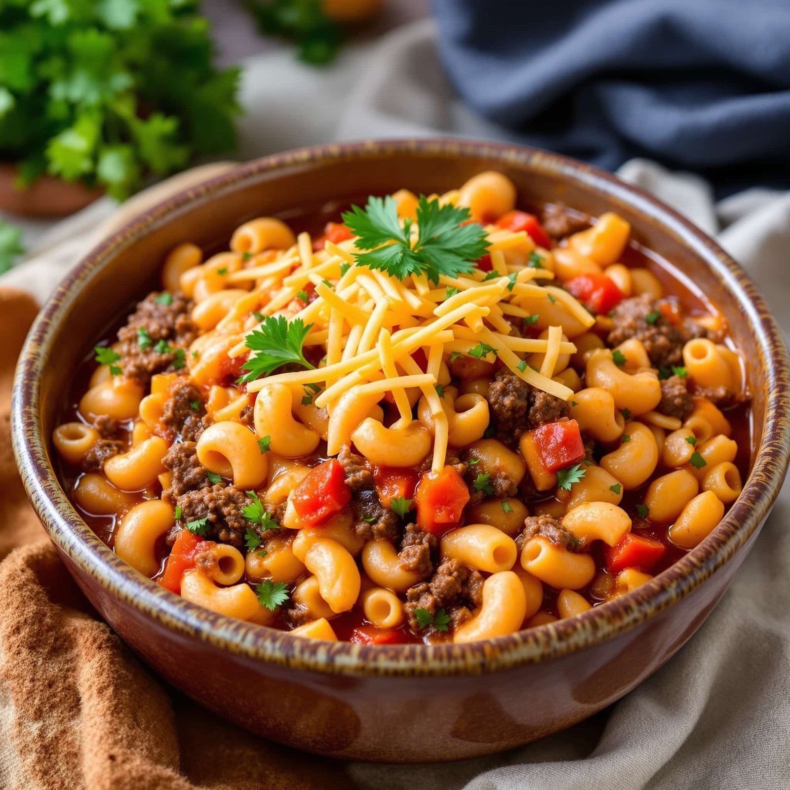One-pot beef goulash with macaroni, ground beef, and cheese, garnished with parsley, in a rustic bowl.