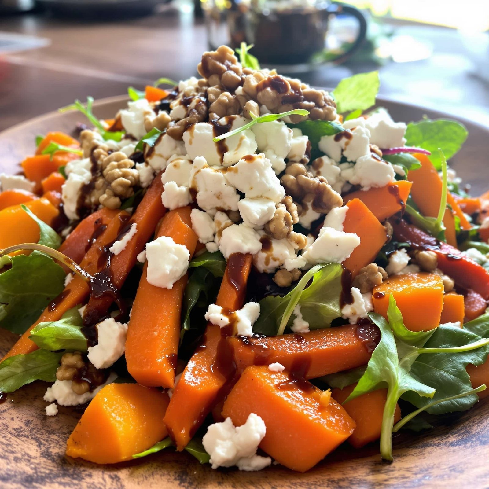 Roasted carrot and feta salad with greens and walnuts on a rustic plate, garnished with balsamic dressing.