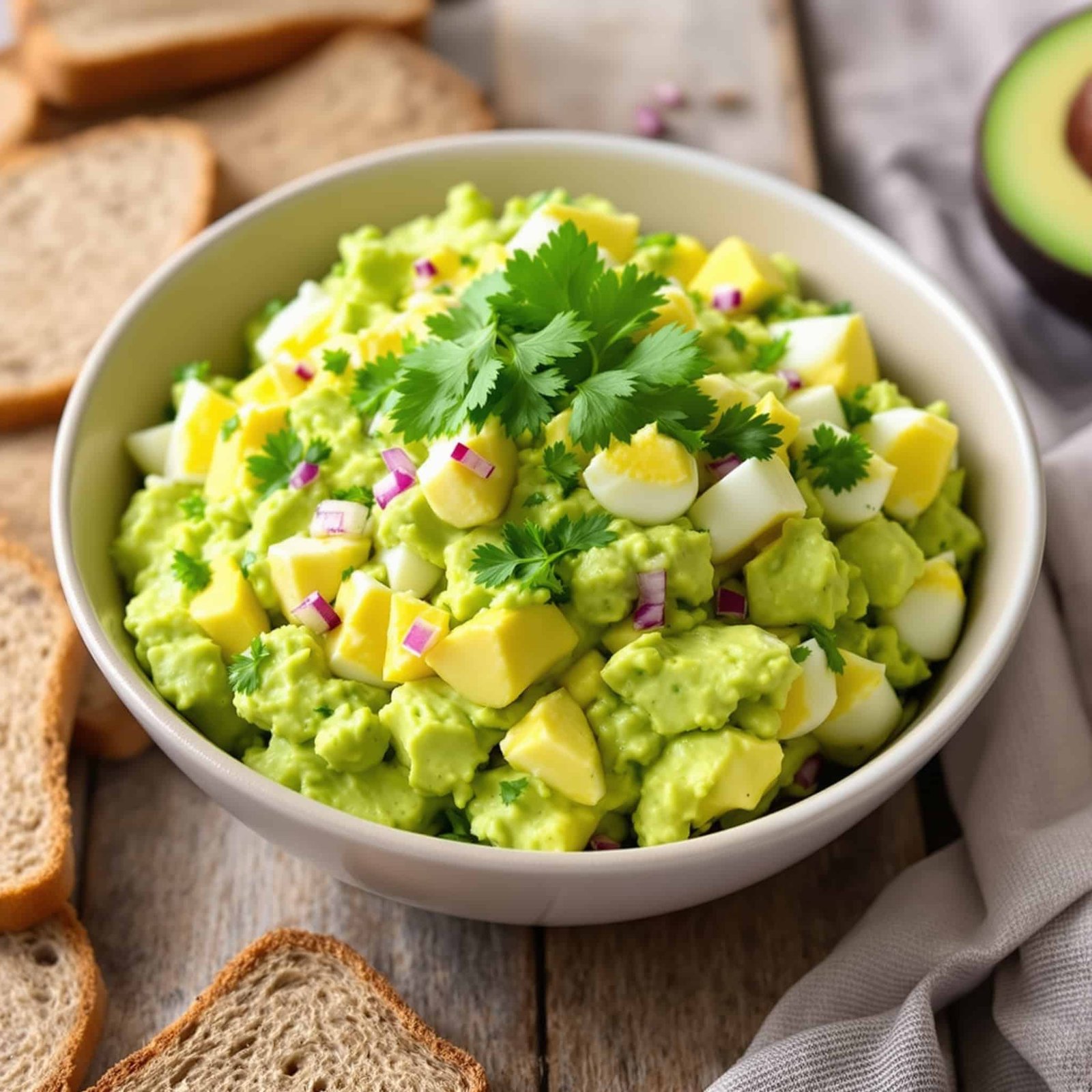 A bowl of creamy avocado egg salad made with mashed avocado and chopped eggs, garnished with cilantro, on a wooden table with bread slices.
