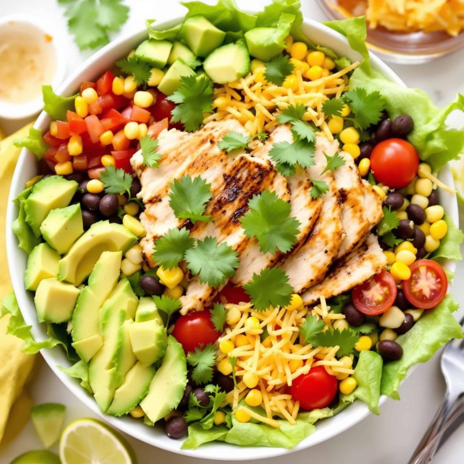 A colorful Chipotle Chicken Taco Salad Bowl with grilled chicken, lettuce, tomatoes, avocado, black beans, corn, and cheese, garnished with cilantro and lime.