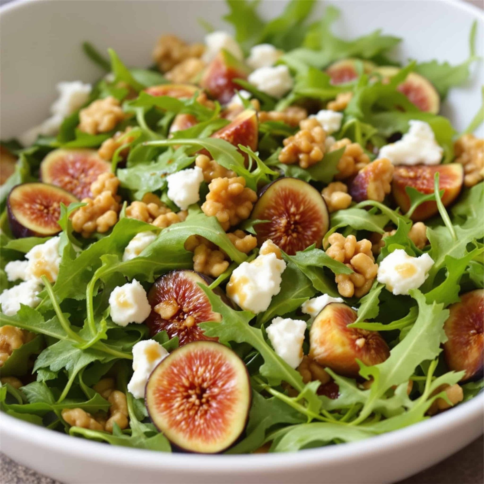 A colorful Fresh Fig and Arugula Salad with figs, arugula, goat cheese, and walnuts in a bowl, garnished with a balsamic dressing.