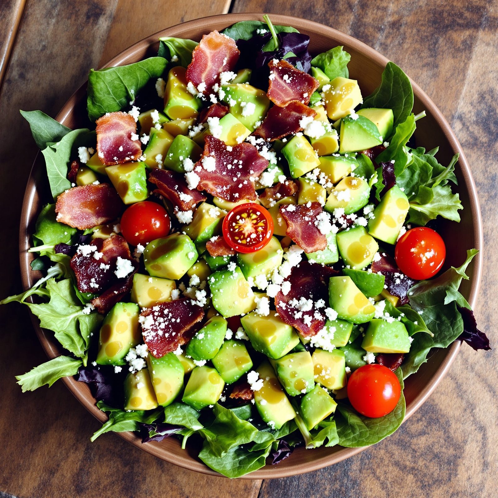Crispy Bacon Avocado Salad Recipe Crispy Bacon Avocado Salad with mixed greens, tomatoes, and feta cheese, served on a wooden table.