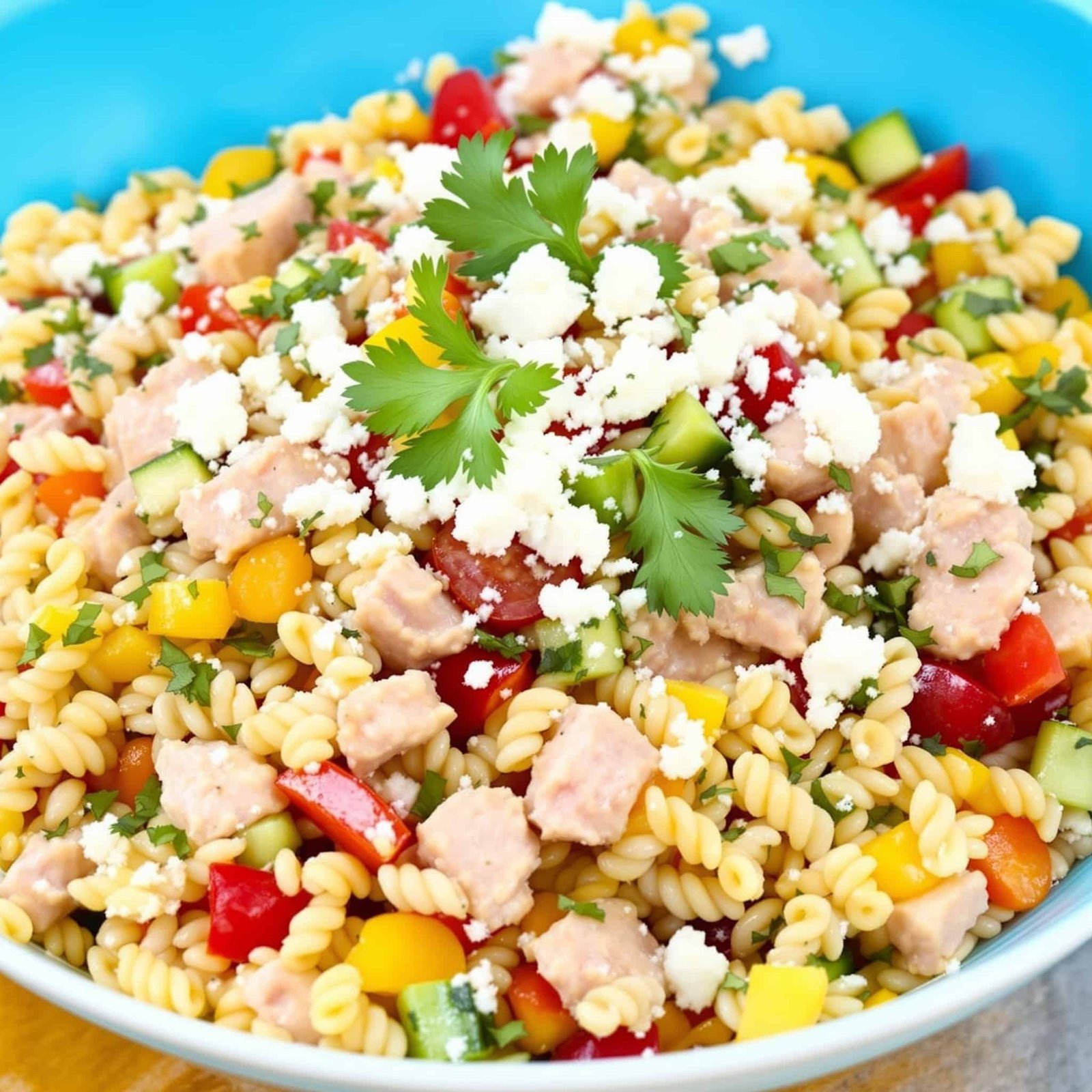 A vibrant Mediterranean Tuna Orzo Salad with vegetables, tuna, and feta, served in a bowl.