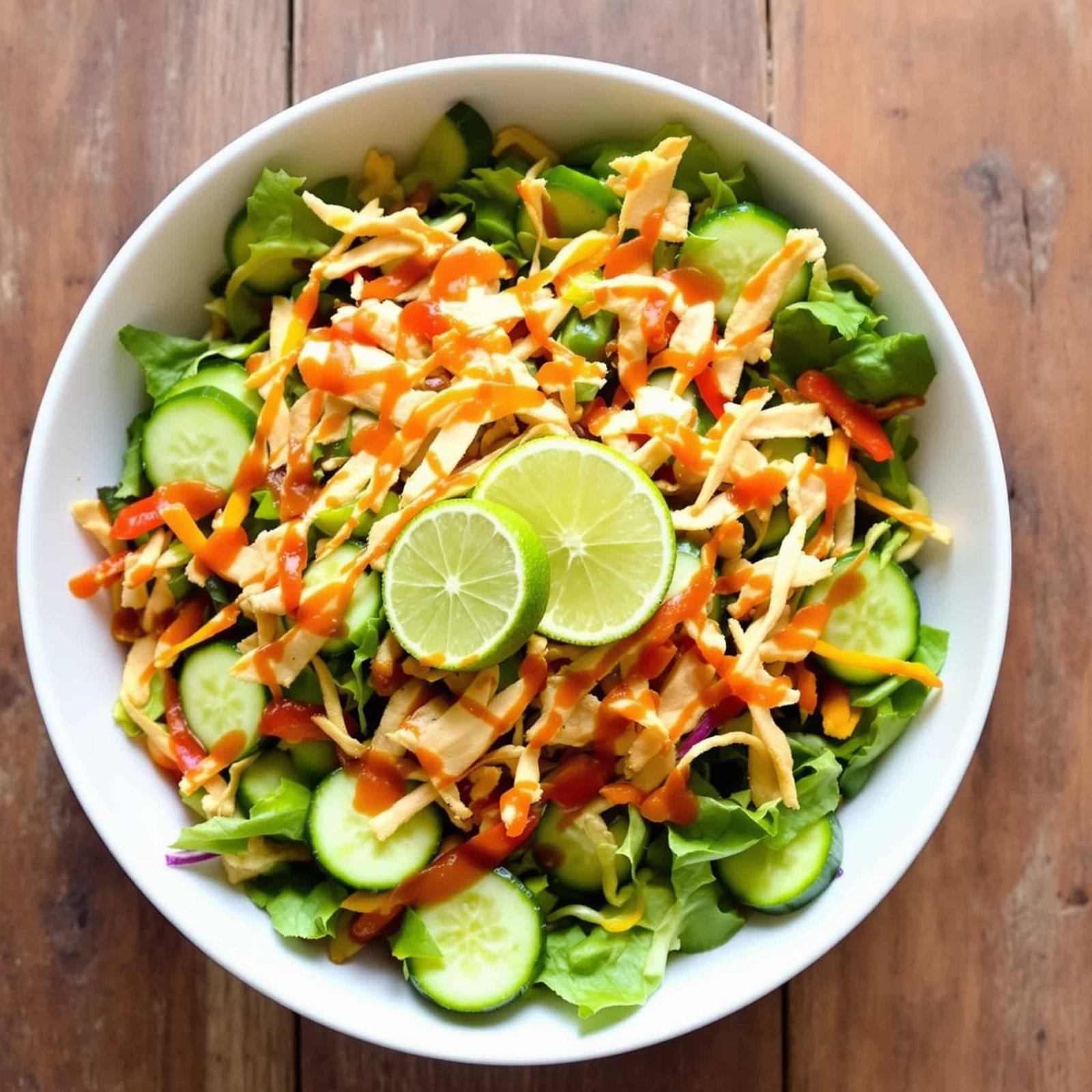 Sweet Chili Chicken Crunch Salad Recipe Sweet Chili Chicken Crunch Salad with mixed greens, chicken, colorful vegetables, and wonton strips, garnished with lime.