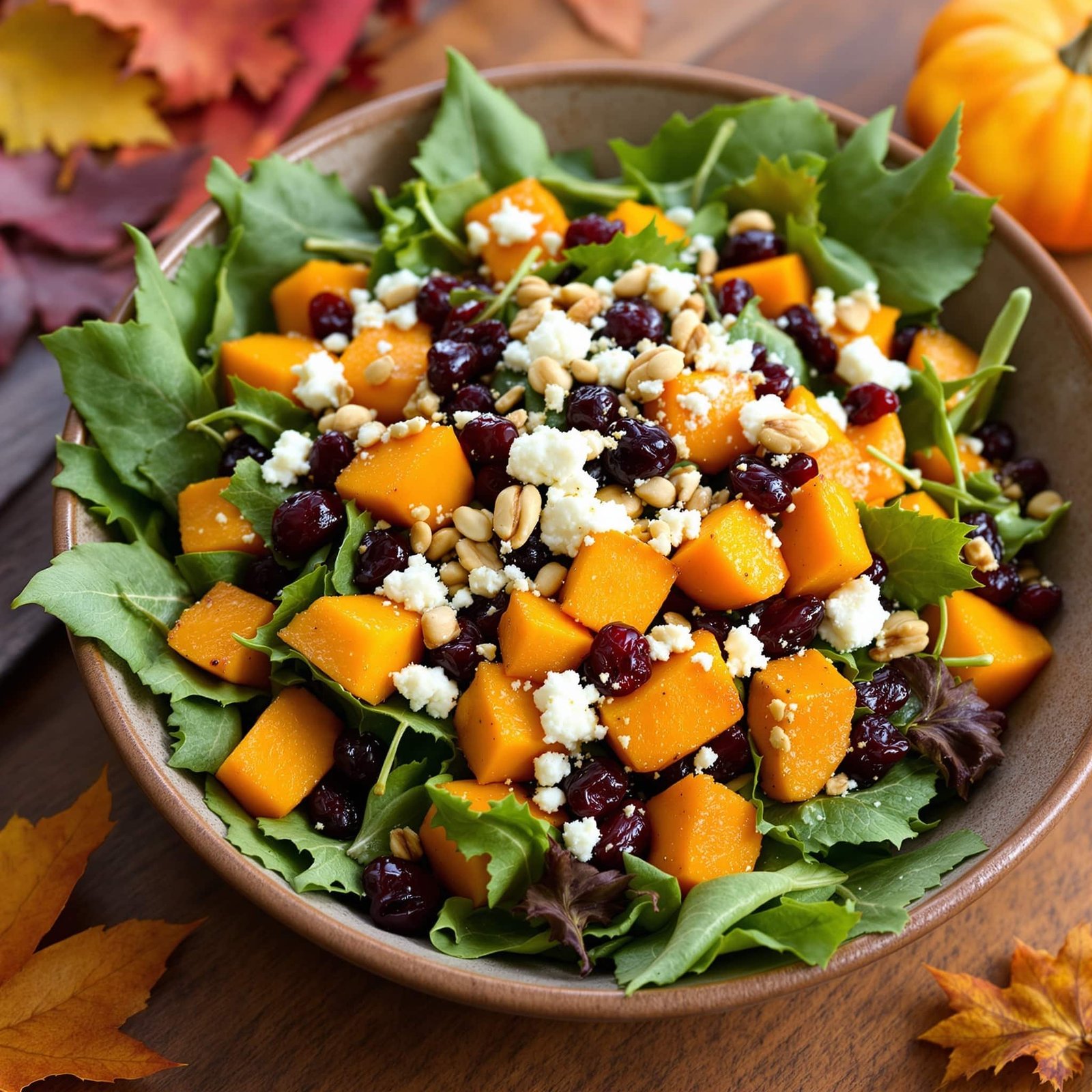 A healthy roasted butternut squash salad with spinach, cranberries, feta cheese, and nuts, presented in a rustic bowl.