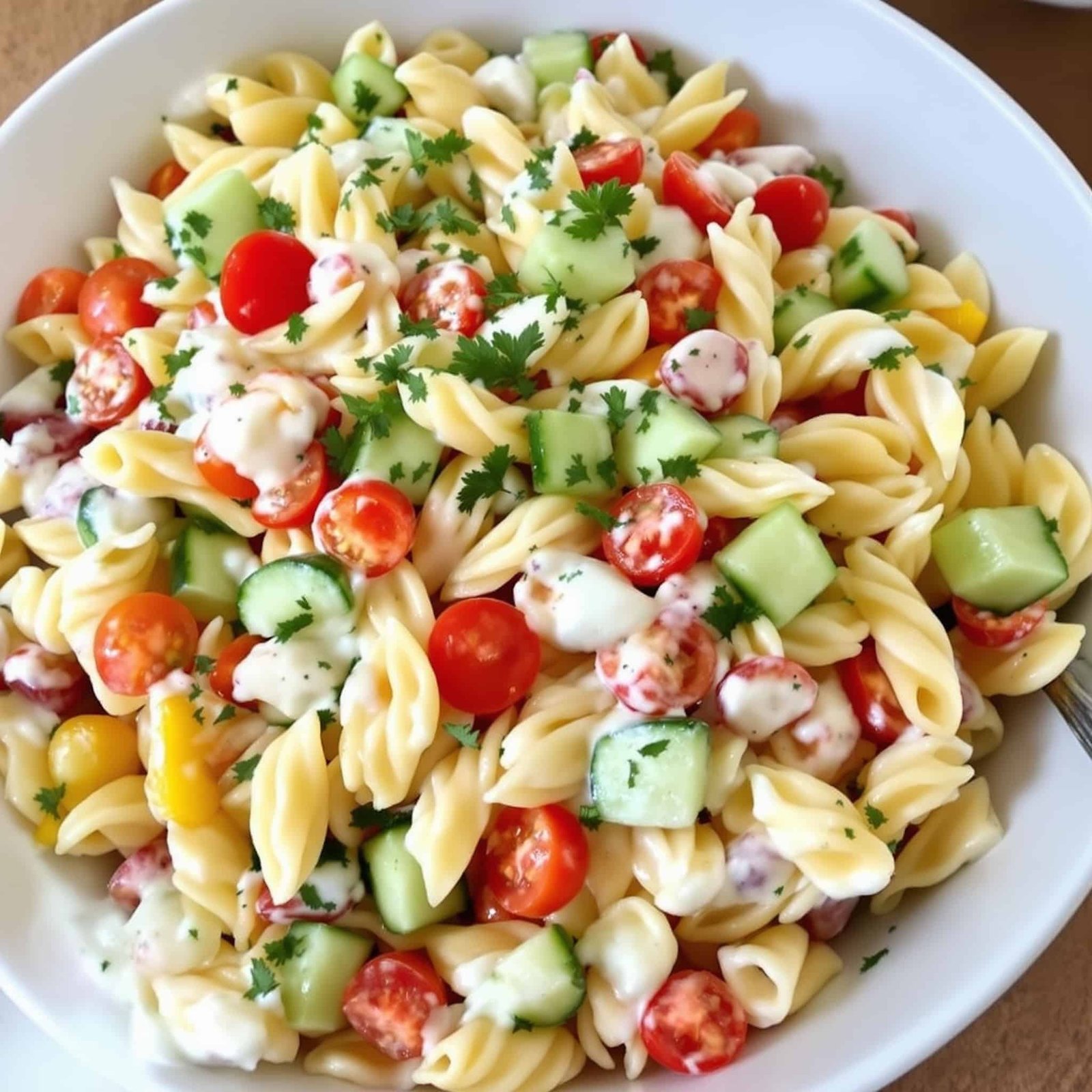 Creamy Ranch Pasta Salad Recipe A creamy ranch pasta salad in a bowl, featuring colorful vegetables and a refreshing dressing, set on a wooden table.