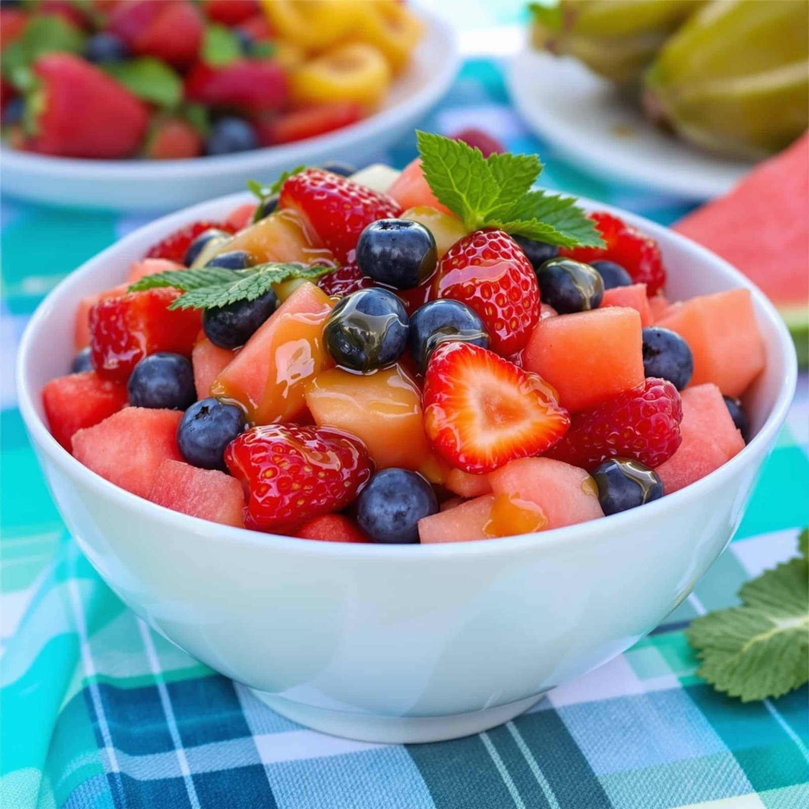 Berry Blast Summer Fruit Salad Recipe Colorful Berry Blast Summer Fruit Salad with strawberries, blueberries, raspberries, and watermelon on a picnic table.