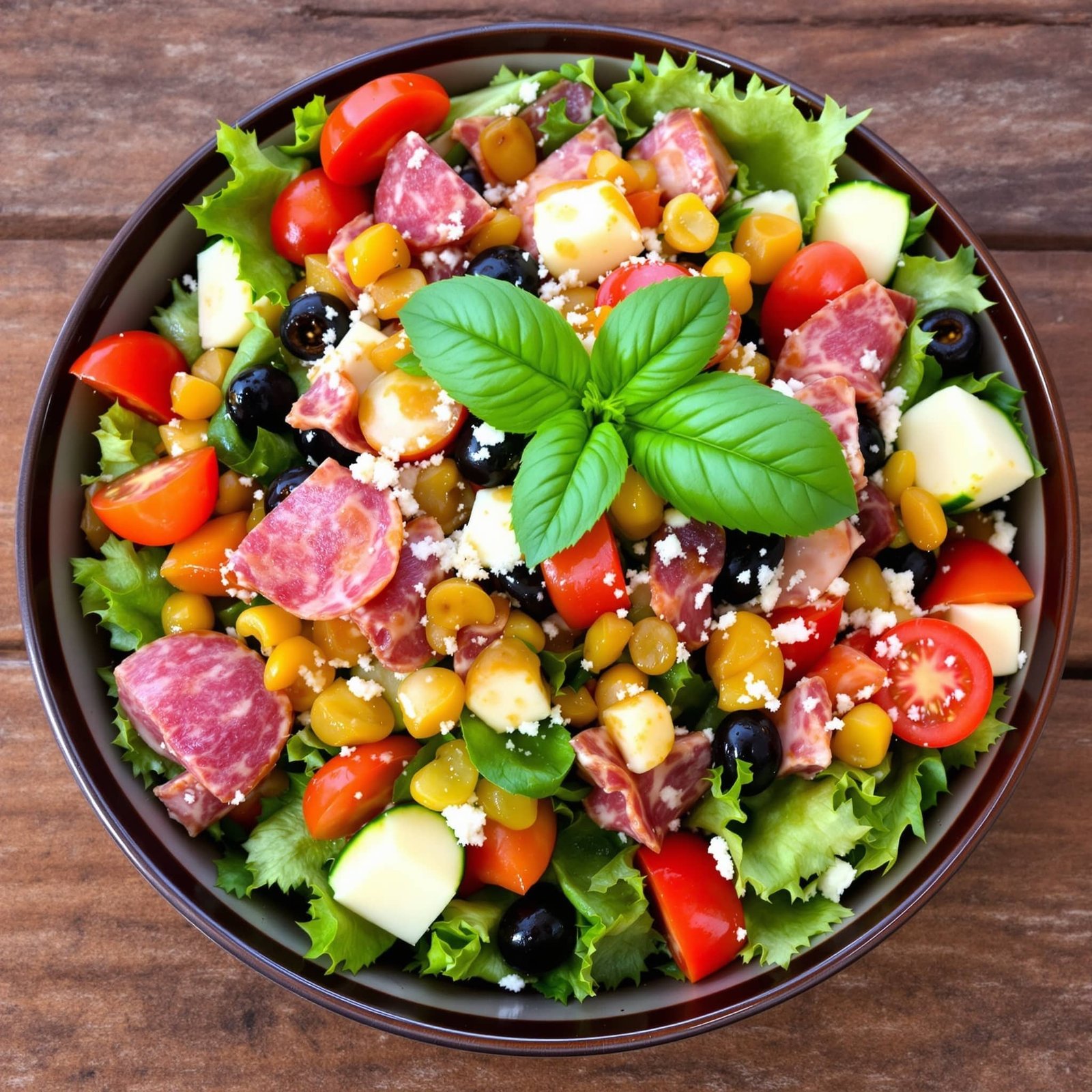 Italian Grinder Chopped Salad Recipe A fresh Italian Grinder Chopped Salad with romaine, tomatoes, salami, and dressing, garnished with basil on a wooden table.