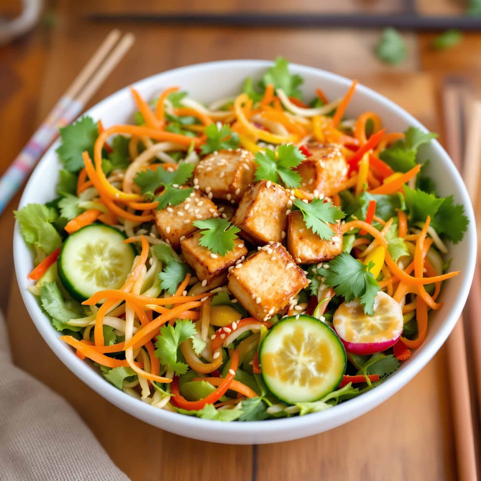 Crispy Tofu Asian Salad Bowl with tofu, greens, carrots, cucumbers, and bell peppers in a light dressing, with chopsticks.