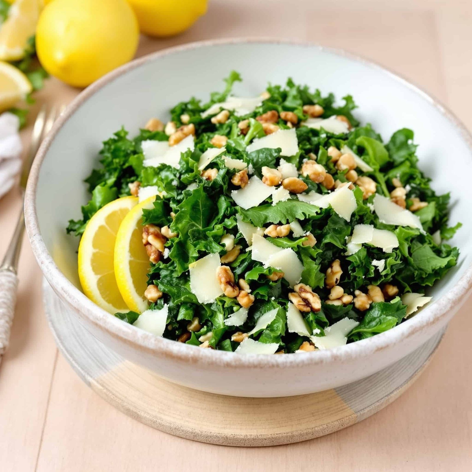 A colorful bowl of Lemon Parmesan Kale Salad with kale, Parmesan cheese, and lemon wedges, placed on a rustic wooden table.
