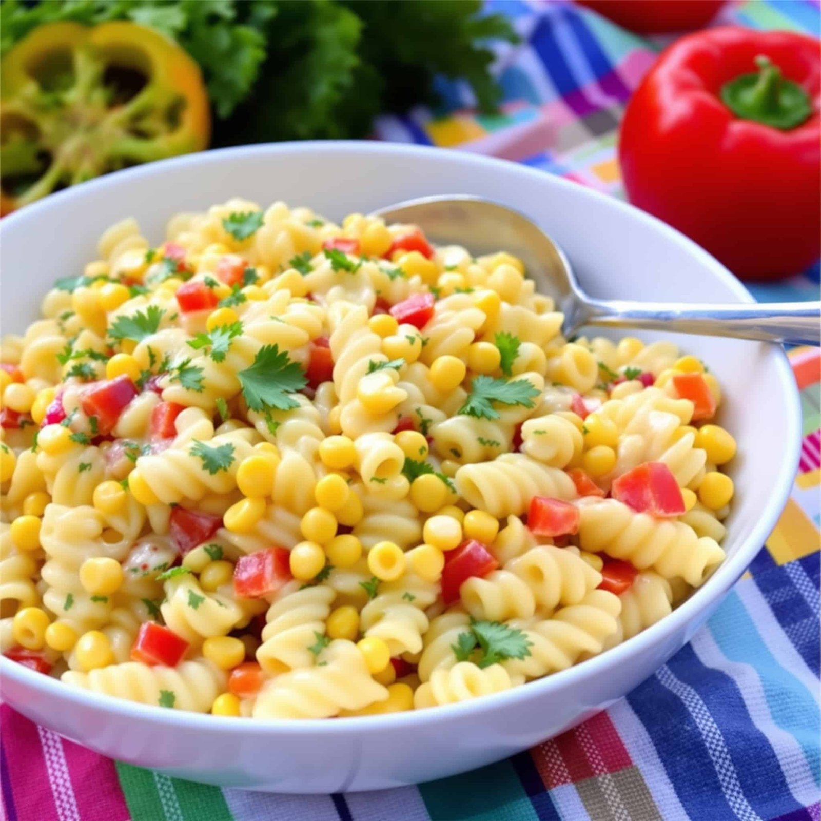 A colorful bowl of creamy corn pasta salad with corn, bell peppers, and green parsley on a picnic table.