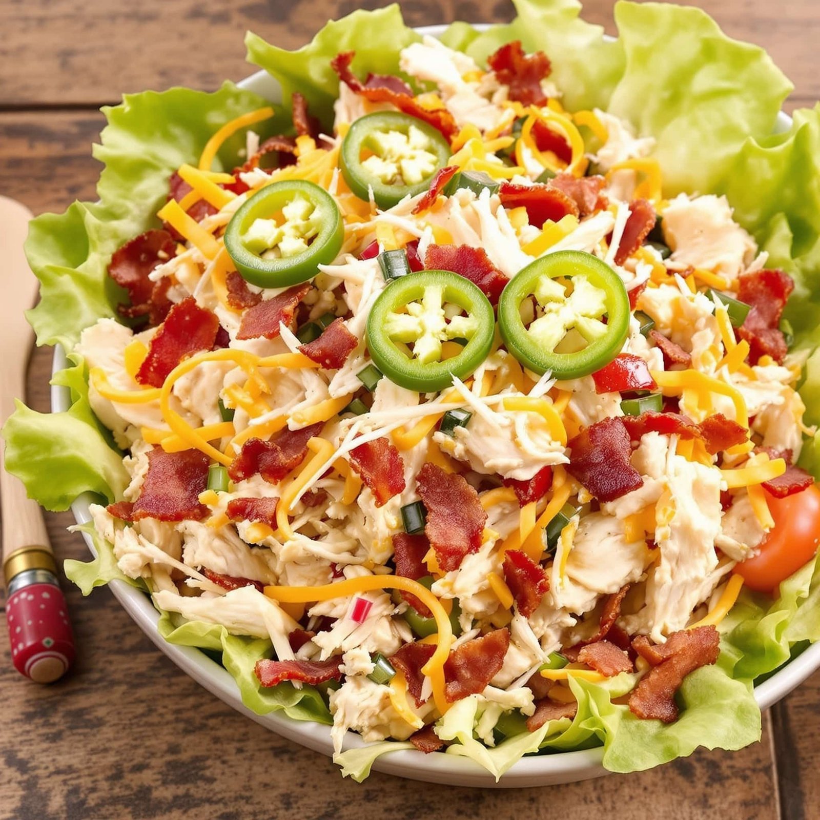A bowl of jalapeño popper chicken salad with chicken, cheese, jalapeños, and bacon, served on lettuce.