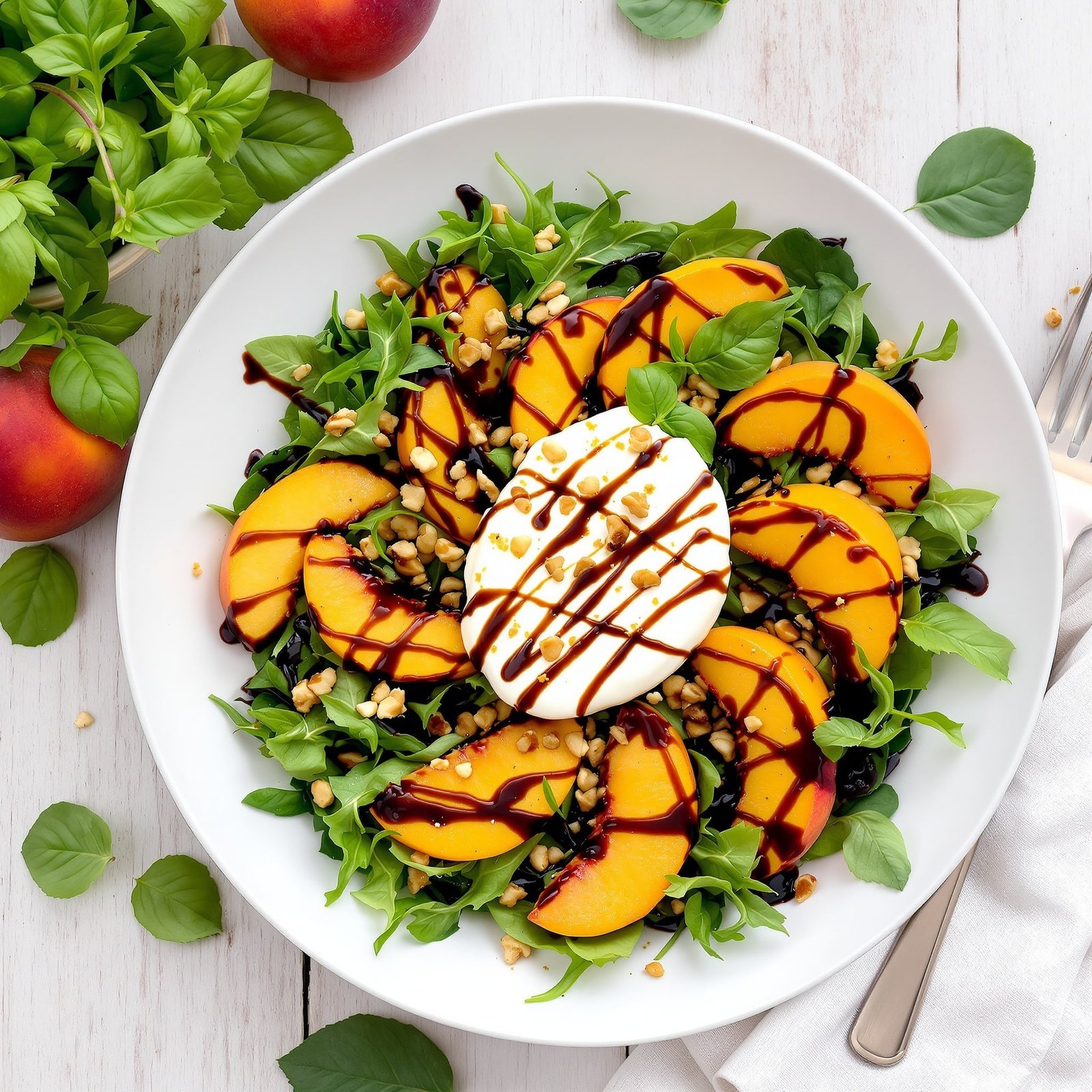 Fresh Peach and Burrata Salad Recipe Fresh Peach Burrata Salad with arugula, peaches, and burrata cheese, garnished with nuts and basil on a wooden table.
