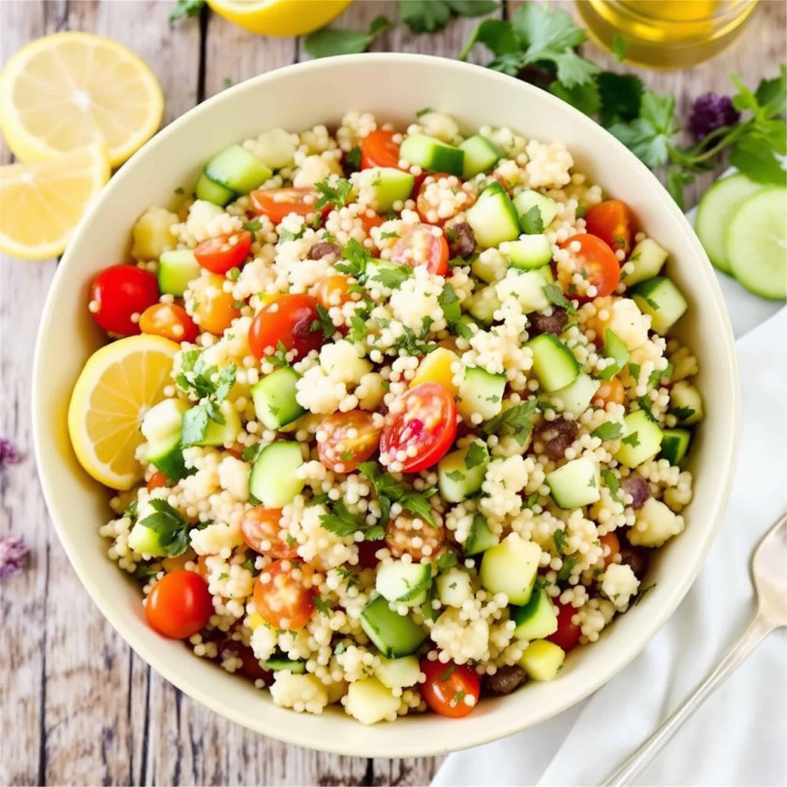 A colorful couscous salad with garlic and herbs, served in a bowl with vibrant vegetables.
